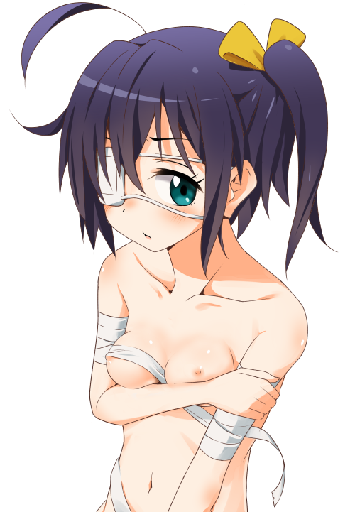 ahoge bandage black_hair blush chuunibyou_demo_koi_ga_shitai! eye_patch female green_eyes hair_ribbon looking_at_viewer mirakichi navel nipples nude ribbon short_hair side_ponytail simple_background small_breasts solo takanashi_rikka white_background