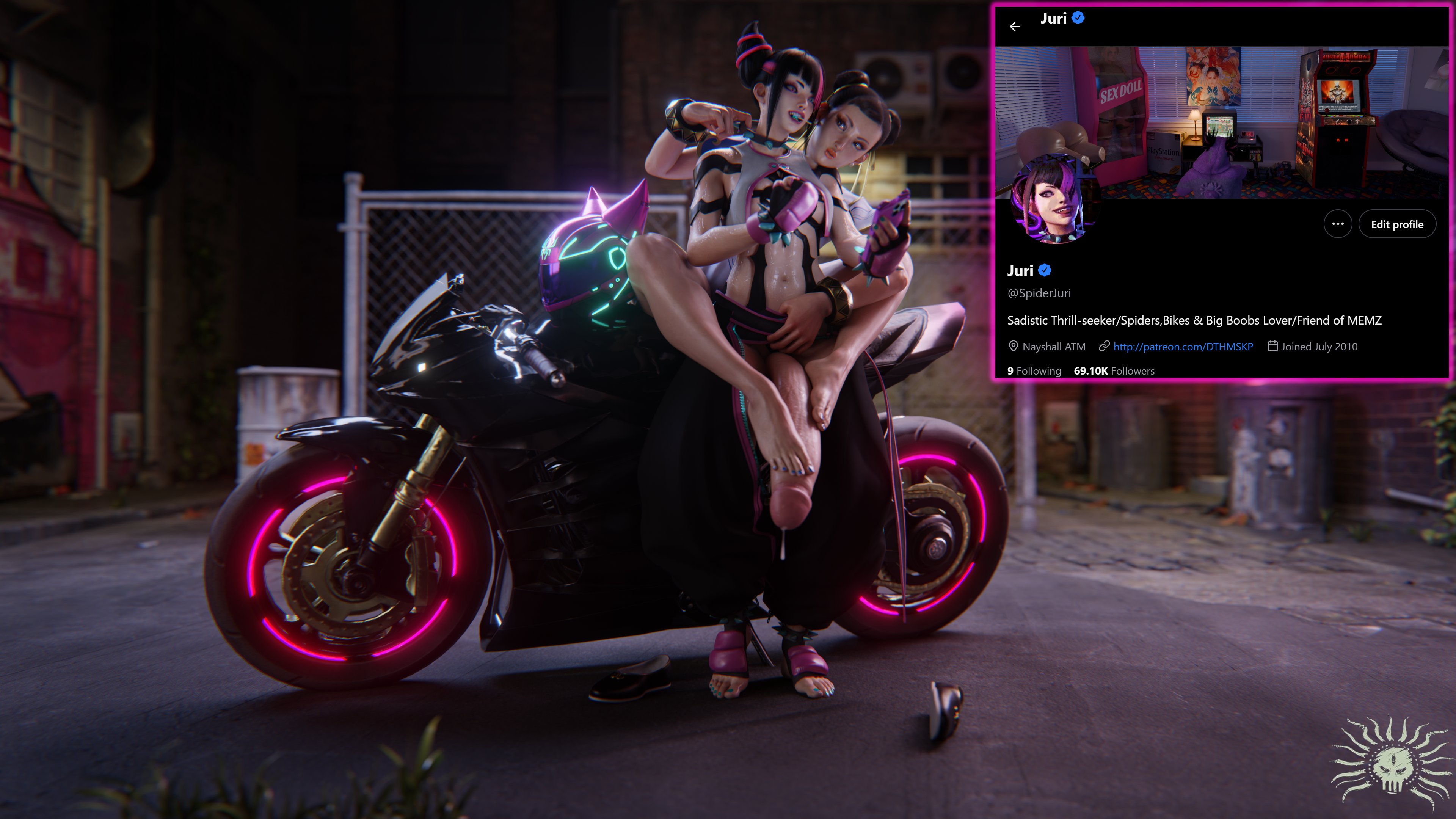 1futa, 1girls, 3d, 3d render, asian, barefoot, black hair, bracelet, capcom, choker, chun-li, clothed, clothed female, clothed futa, cuddling, deathmask3d, double bun, feet, feet on penis, female, fit, fit female, fit futa, flaccid penis, foot fetish, footjob, from behind, futanari, gloves, grabbing from behind, hair cones, huge cock, juri han, light-skinned female, light-skinned futa, lollipop, long penis, makeup, meme, motorcycle, nail polish, navel, penis, penis out, precum, precum drip, public, public indecency, social media, spiked anklet, spiked bracelet, spiked collar, street fighter, street fighter 6, tagme, thin waist, toenail polish, toenails, toes, twitter, veiny penis