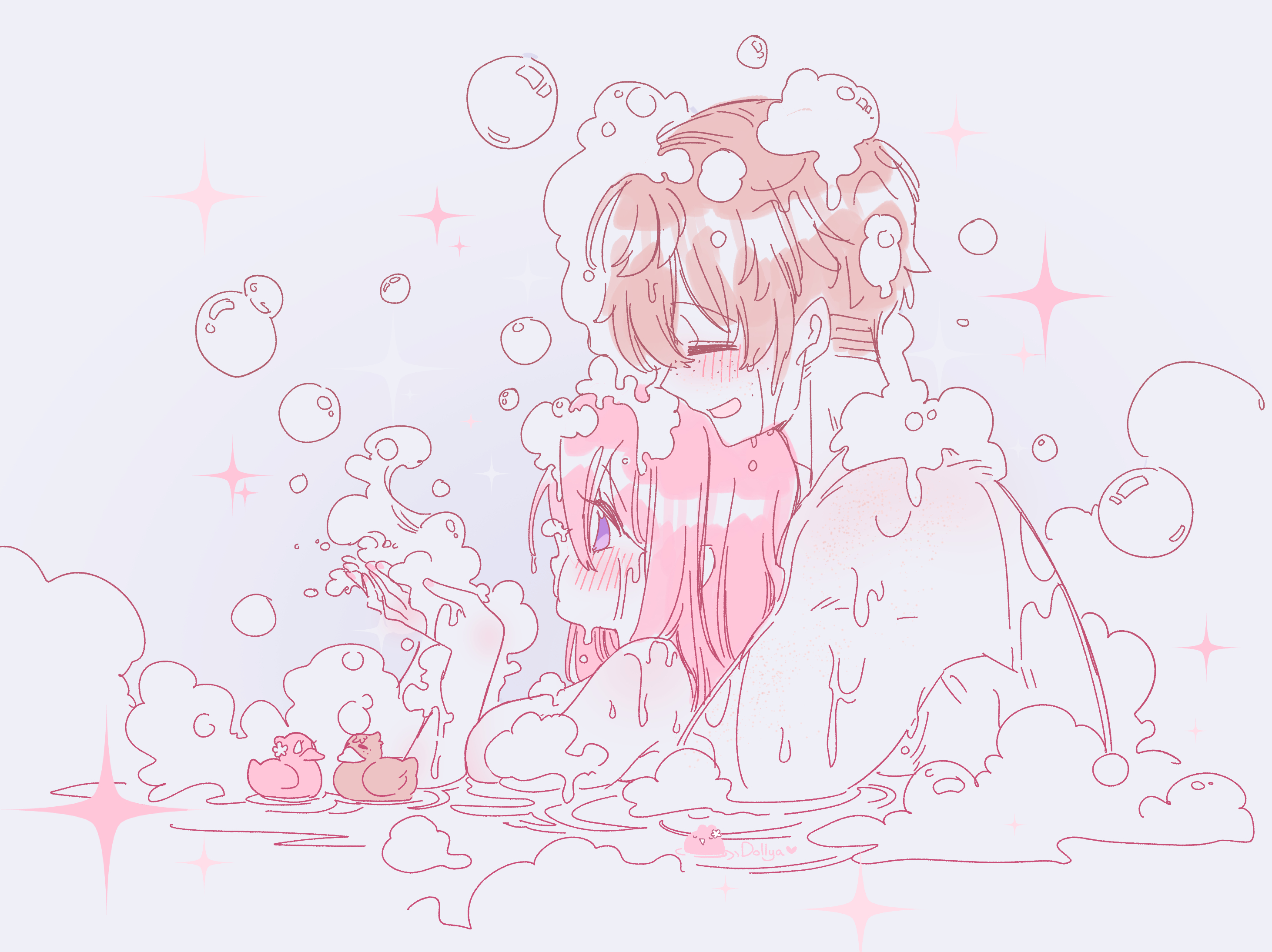 , 1boy1girl, bath, bathroom, bathtub, boobs, breasts, breasts out, degrees of lewdity, dollya, player character (degrees of lewdity), robin (dol), tits, tits out, wholesome, wholesome nudity