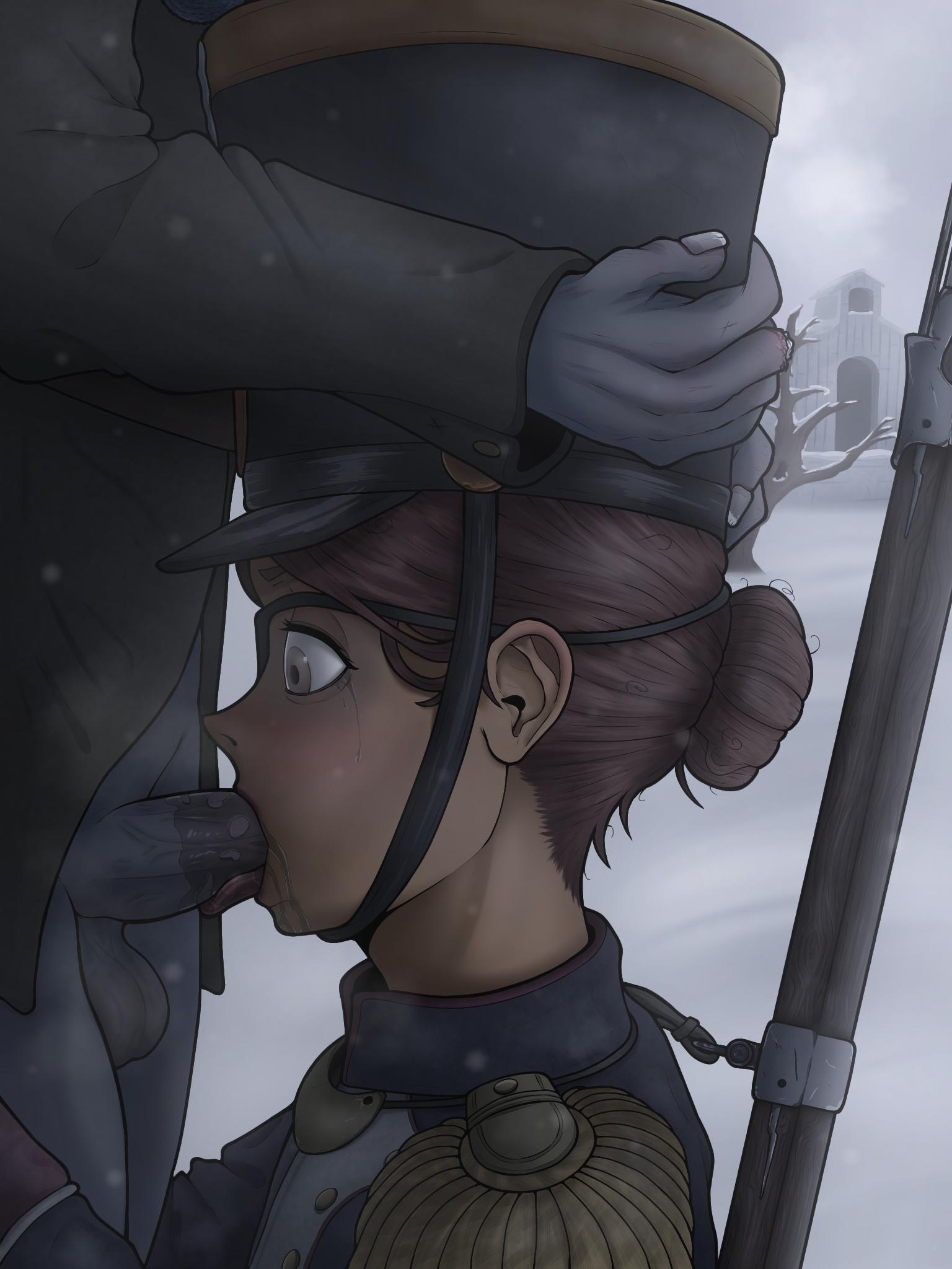 1boy, 1boy1girl, 1girl, 1girls, 2d, 2d (artwork), 2d artwork, blowjob, bright eyes, clothed, clothed female nude male, cock, coercion, day, daylight, daytime, dick, dominant male, drool, drool on face, drooling tongue, epaulettes, eye patch, fat cock, fellatio, french female, guban1161, gun, guts & blackpowder, guts and blackpowder, hands on head, hands on hips, infantry, injury, military, military cap, military clothing, military hat, military jacket, military uniform, musket, napoleonic, napoleonic empire, napoleonic wars, officer, open eyes, oral, oral penetration, oral sex, outdoors, penis, penis in mouth, red hair, rifle, roblox, roblox game, robloxian, self upload, shako cap, shambler, shock, shocked, shocked eyes, side view, snow, straight, sucking, sucking penis, tears, testicles, tongue, tongue out, tongue out blowjob, uniform, weapon, weapon over shoulder, winter, zombie, zombie boy
