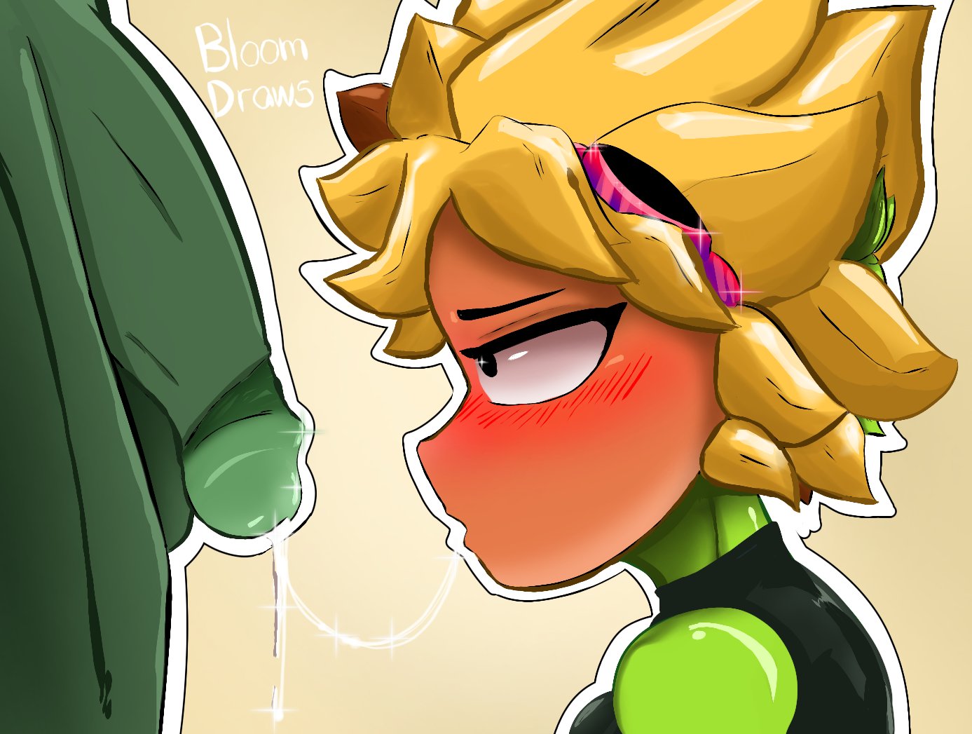 after oral, anthro, anthrofied, bloomdraws, blush, cum, female, flora fauna, green skin, long cock, long dick, oral, oral sex, plant girl, plantie, plants vs zombies, plants vs zombies: heroes, plants vs. zombies, solar flare (pvz), spit, spit trail, sunflower (pvz), super brainz (pvz), zombie (pvz)