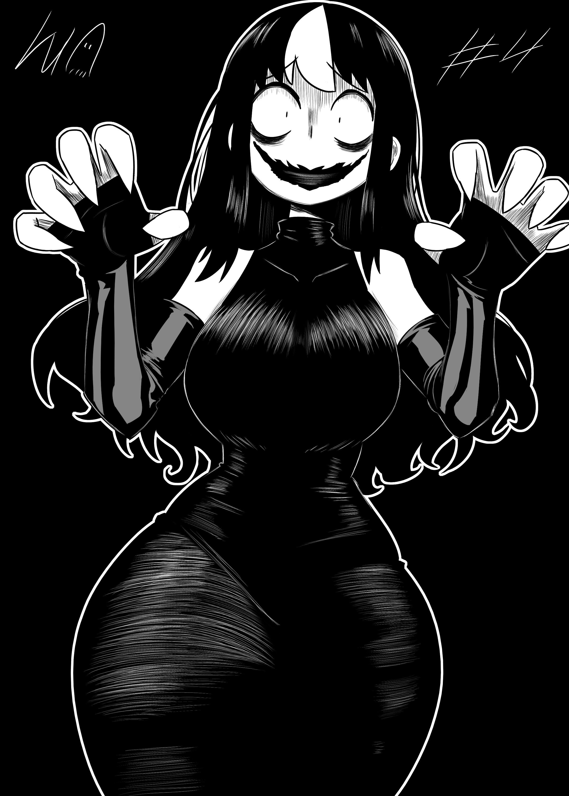 1girl, absurdres, black background, borrowed character, breasts, claw pose, commentary, constricted pupils, curvy, dress, english commentary, greyscale, highres, large breasts, long hair, lughost, monochrome, multicolored hair, noss (rariatto), noss & zakuro, noss the nosferatu (crap-man), open mouth, original, outline, simple background, sleeveless, sleeveless dress, smile, solo, two-tone hair, white outline