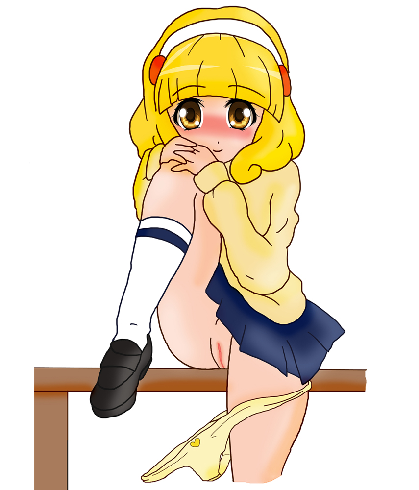 blonde_hair blush clothing female flash hairband kneesocks looking_at_viewer panties panties_down precure pretty_cure purplepixies pussy school_uniform showing shy skirt skirt_lift smile_precure stained_panties table uncensored yayoi_kise