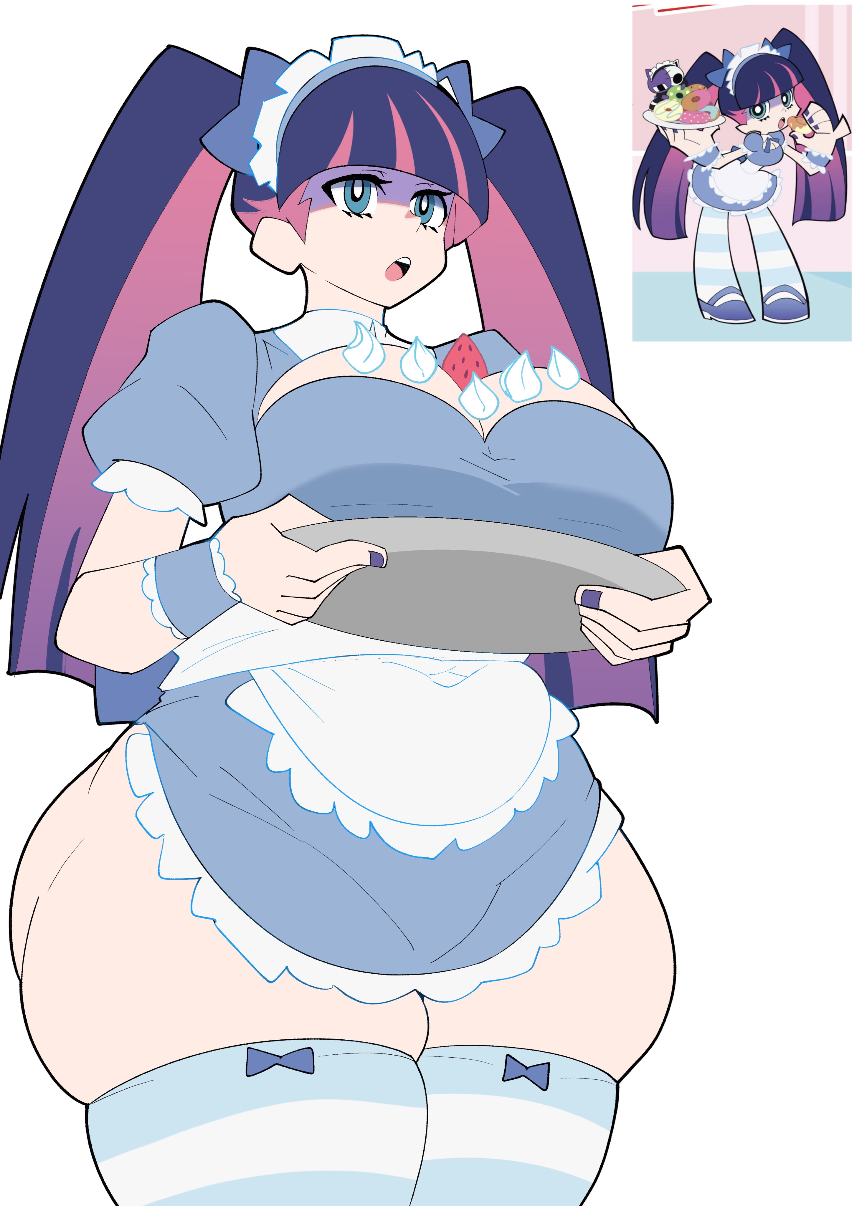 2d, 2d (artwork), apron, big boobs, big breasts, blunt bangs, boobs, breasts, breasts on tray, clothed, clothed female, female, female focus, female only, large boobs, large breasts, maid, maid apron, maid headdress, maid outfit, maid uniform, panty & stocking with garterbelt, pink and purple hair, pink hair, purple and pink hair, solo, solo female, solo focus, stocking anarchy, thicc, thick thighs, thighhighs, thighs, wip, ytrall
