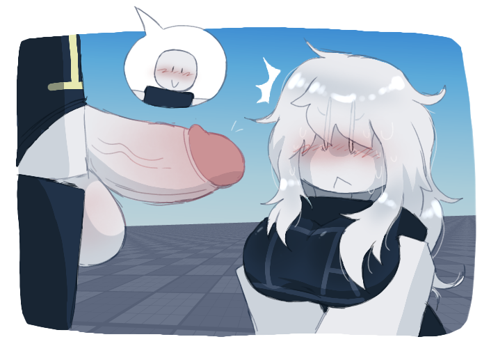 1boy, 1girl, balls, baseplate, big penis, blocky body, blush, blushing, breasts, clothing, combat dummy, dick out, dummelica, gray skin, item asylum, long hair, looking at penis, nejajiku nsfw, penis, penis out, roblox, roblox game, robloxian, sleeveless, tagme, white hair