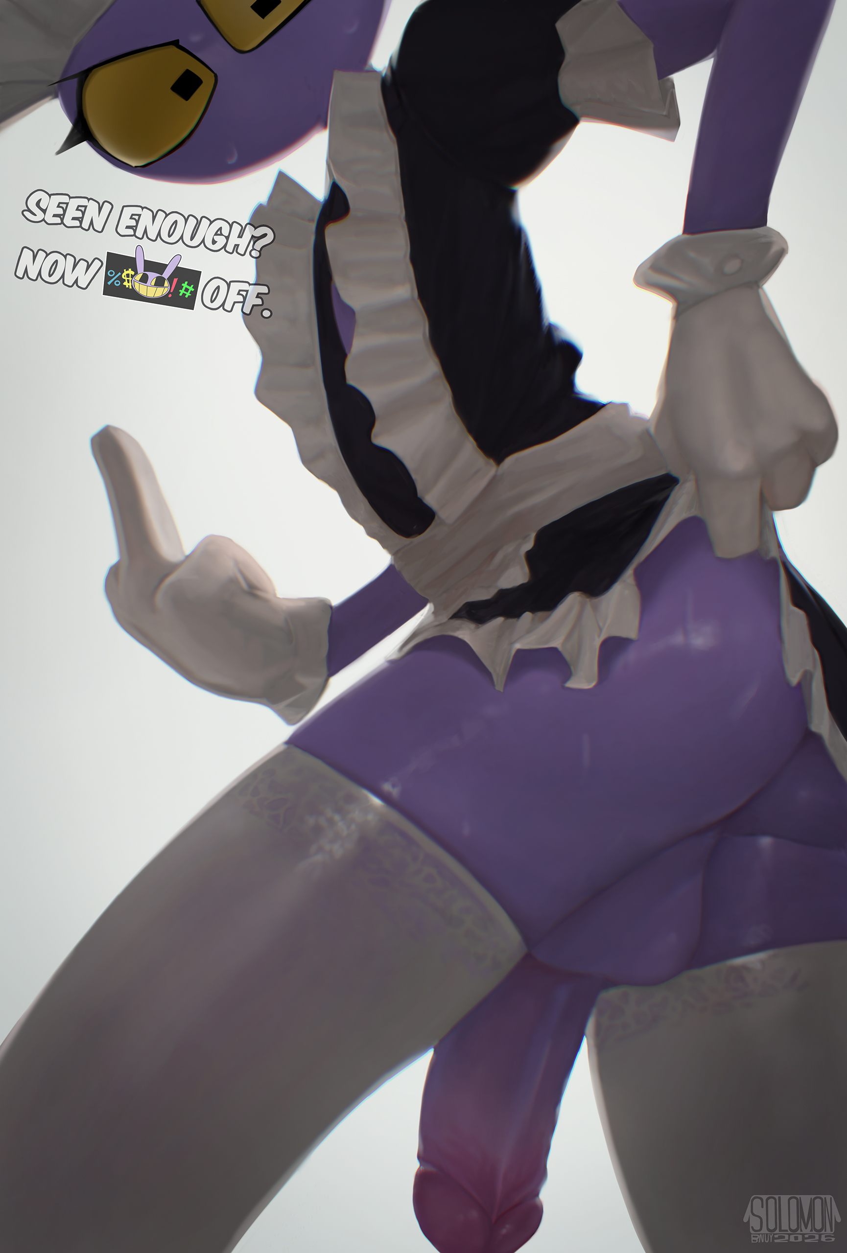 1boy, 4 fingers, absurd res, angry, anthro, backsack, balls, big balls, big penis, bodily fluids, bottomwear, caine censorship, caught staring, censor bar, clothed, clothing, crossdressing, dialogue, eyelashes, fingers, flaccid, furrowed eyebrows, gay, gay male, genitals, gesture, glitch productions, hand gesture, heart symbol, hi res, jax (tadc), lagomorph, legwear, leporid, long eyelashes, looking at viewer, maid headdress, maid uniform, male, mammal, middle finger, mouthless, no underwear, penis, rabbit, raised bottomwear, raised clothing, raised skirt, skirt, solo, solomonbnuy, stockings, sweat, sweatdrop, talking to viewer, text, the amazing digital circus, uniform, yaoi