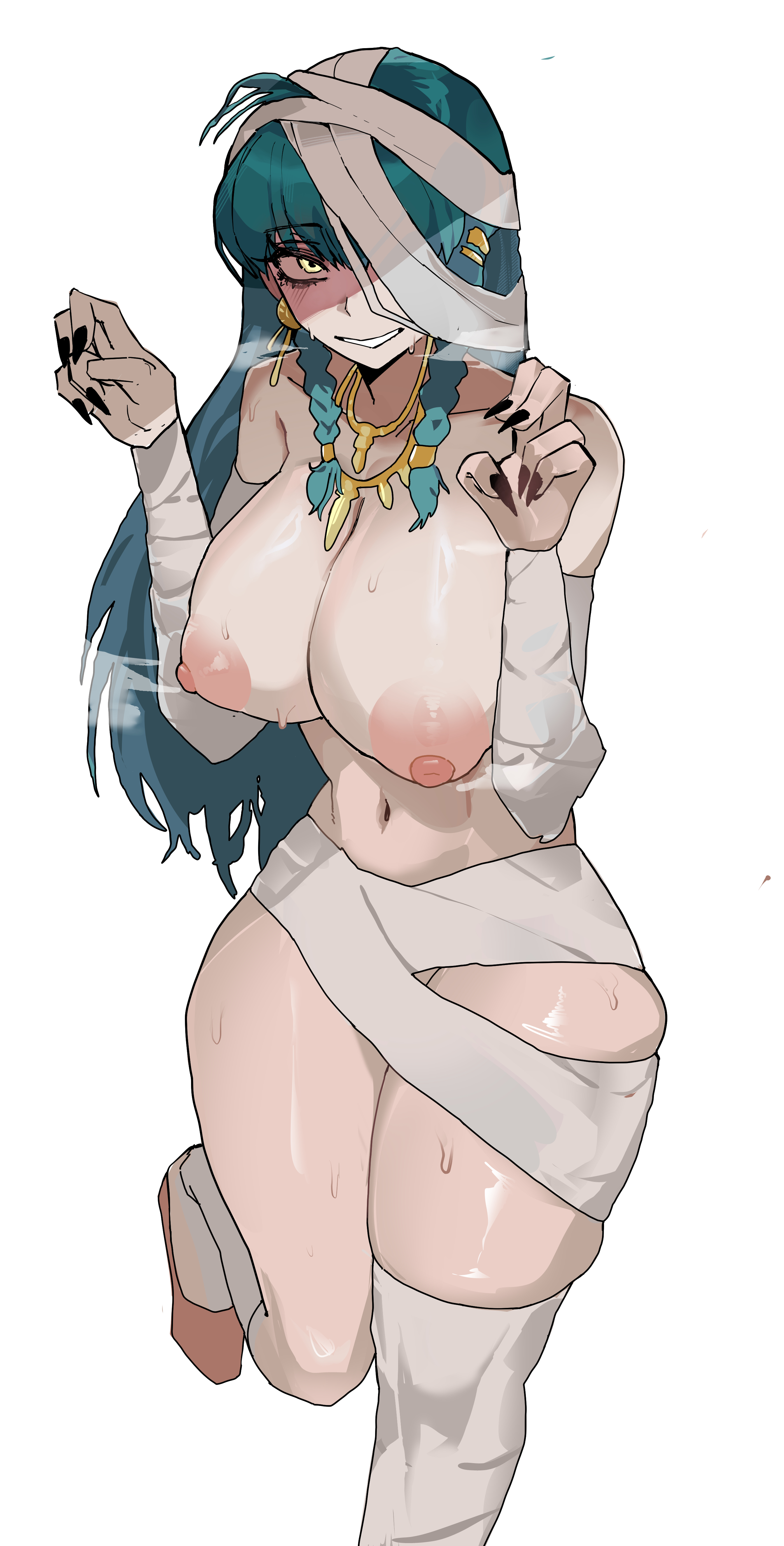 1girls, 2026, 2d, 2d (artwork), bandage, big breasts, black nails, blue hair, boobs, breasts, collar, color, colored, digital media (artwork), egyptian female, female, female only, front view, gold jewelry, h spike, hi res, legs, light skin, light-skinned female, looking at viewer, mummy, mummy wrappings, naked, nipples, nyanko daisensou, queen reika, simple background, smile, smiling at viewer, solo, sweat, sweatdrop, the battle cats, thick thighs, thighs, tits, video game character, video games, white background, yellow eyes