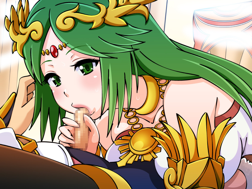 circlet fellatio goddess gold_jewelry green_eyes green_hair hair_ornament jewelry kid_icarus kid_icarus_uprising long_hair lots_of_jewelry nintendo oral palutena pit pit_(kid_icarus) straight yuki_(12cut)