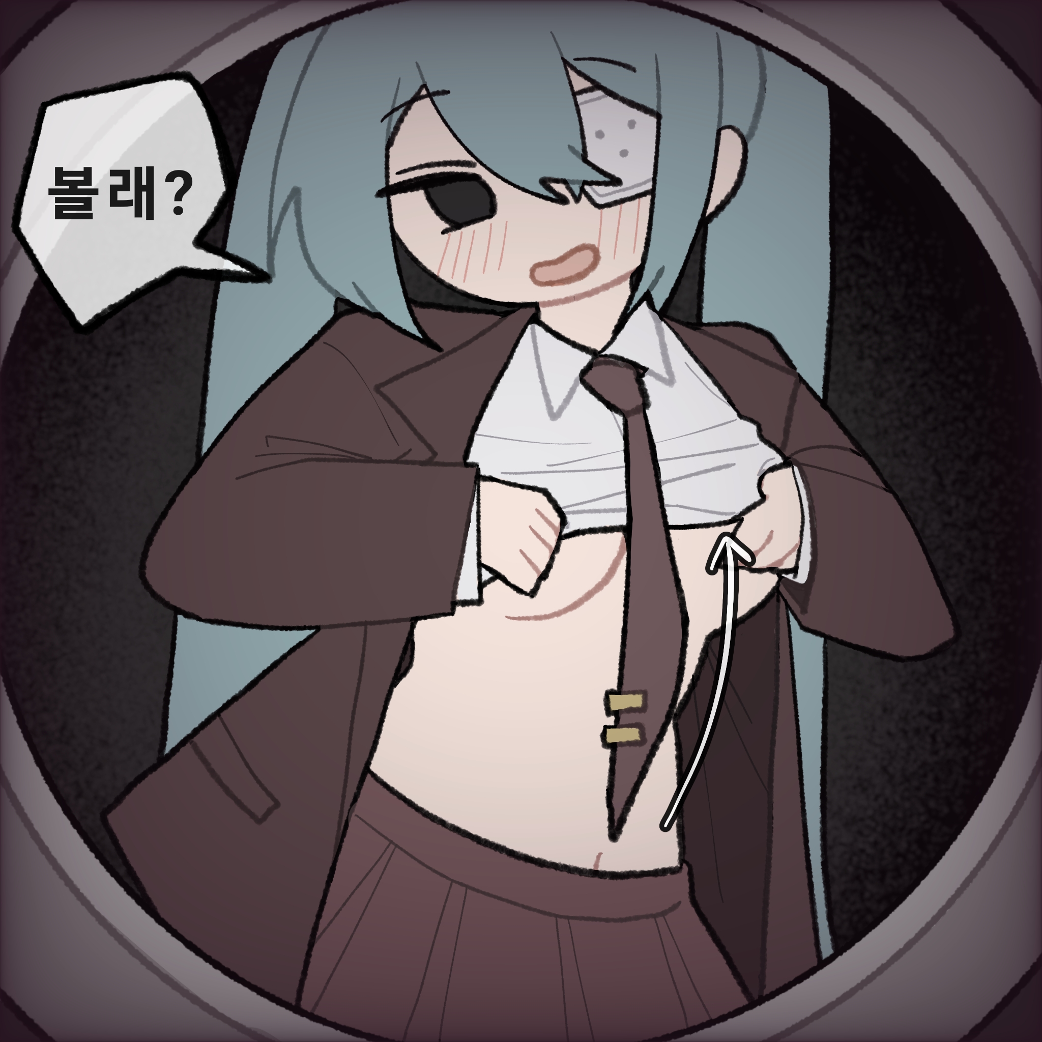 1girl, 1girls, aqua hair, big breasts, black eyes, blue hair, blush, breasts, brown skirt, ccitrus0, clothes lift, collared shirt, color, deco27, dialogue, eyepatch, female, female focus, female only, hatsune miku, human, human only, jacket, korean text, light skin, long hair, looking at viewer, monitoring (vocaloid), mv character, navel, necktie, open mouth, pixiv link, pleated skirt, shirt, shirt lift, skirt, solo, speech bubble, talking to viewer, text, twintails, twitter link, underboob, very long hair, vocaloid, white shirt