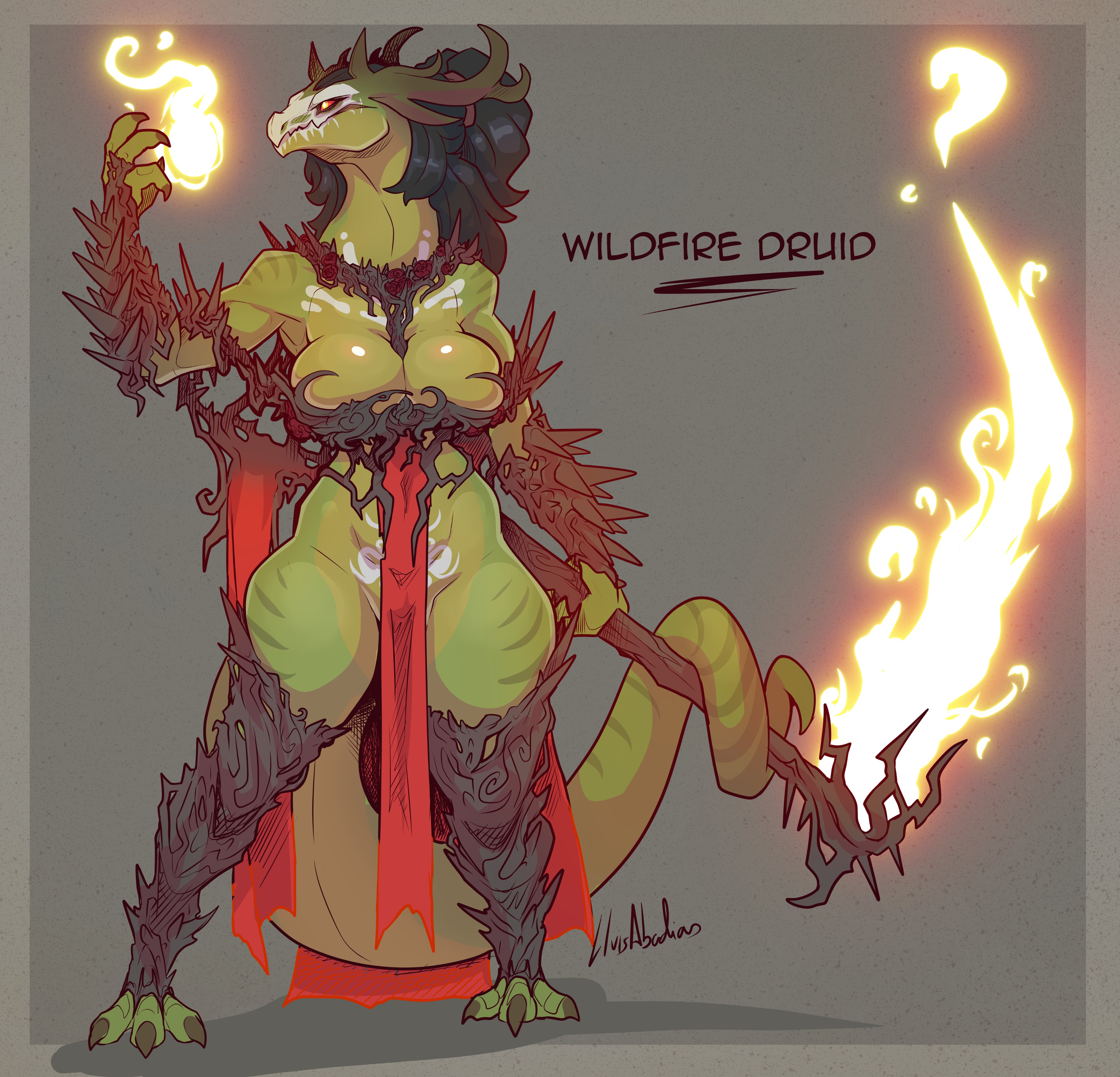 1girls, anthro, big breasts, druid, fire, lluisabadias, scalie, tail, thighs