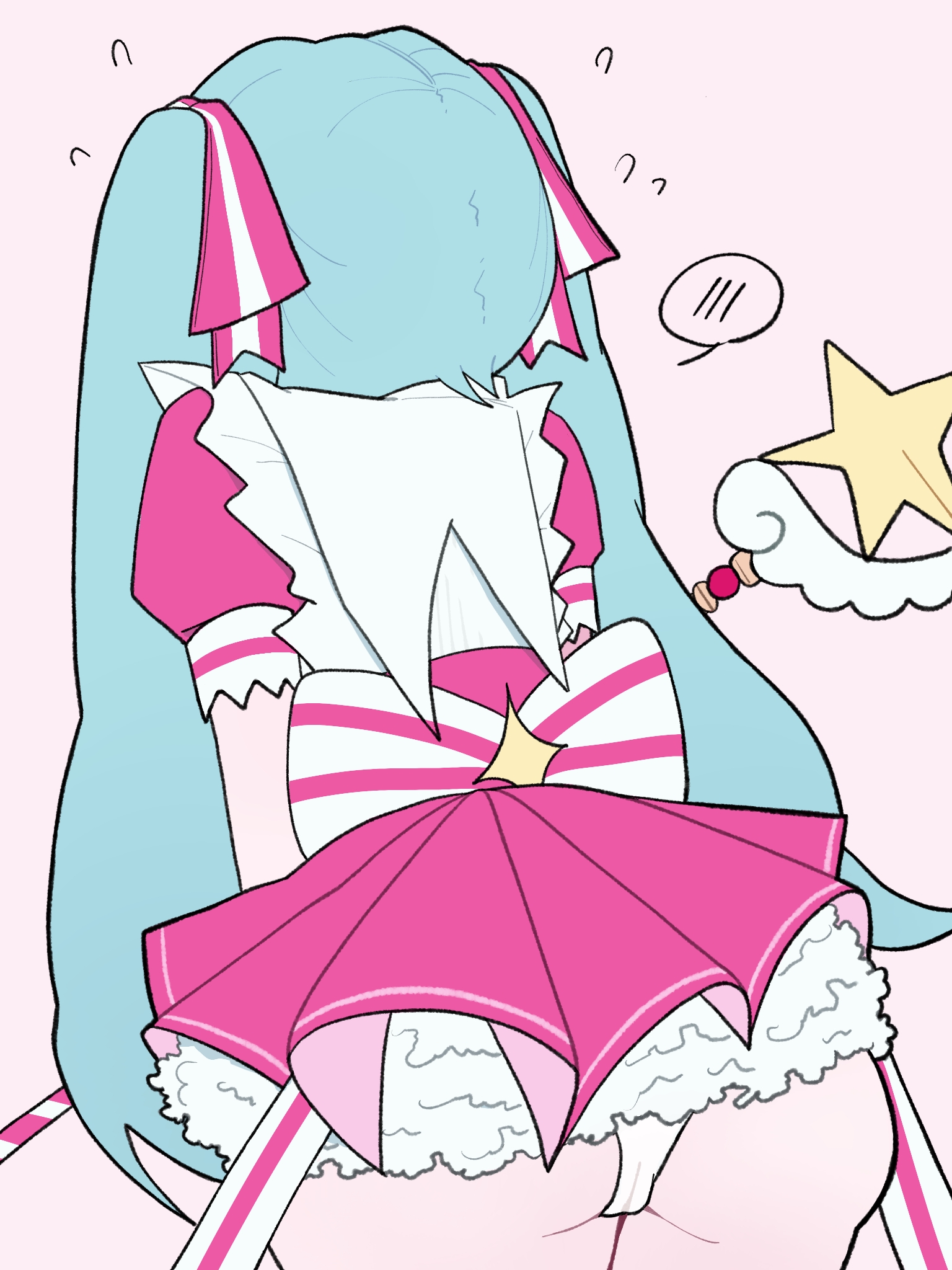 1girl, 1girls, aqua hair, ass, back bow, back view, big ass, ccitrus0, color, cowboy shot, dress, female, female focus, female only, flying sweatdrops, frilled dress, frills, from behind, hair ribbon, hatsune miku, holding wand, human, human only, light skin, long hair, magical girl, mv character, panties, pantyshot, petticoat, pink background, pink dress, pixiv link, puffy short sleeves, puffy sleeves, retry now (vocaloid), ribbon, short sleeves, simple background, solo, spoken blush, star (symbol), striped, striped ribbon, thick thighs, twintails, twitter link, underwear, very long hair, vocaloid, wand, white panties