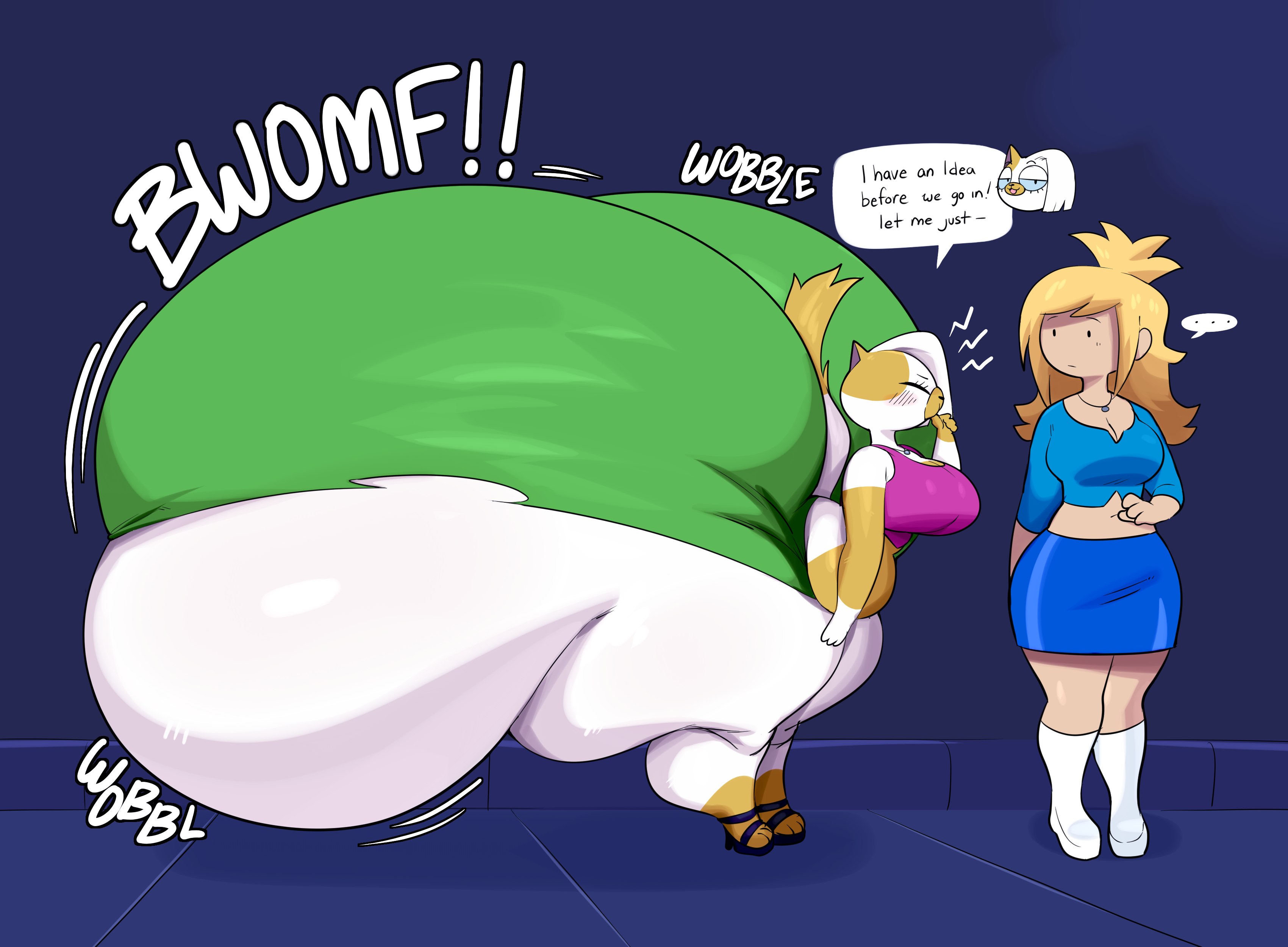 2girls, adventure time, adventure time: fionna & cake, ass, ass bigger than head, ass expansion, blowing thumb, booty, booty focus, bottom, bottom heavy, butt, cake the cat, cake the cat (club outfit), cartoon network, cat, cat ears, catgirl, club, clubbing, extreme size difference, fat, fat ass, fat butt, feminine, feminine ass, feminine body, feminine pose, fionna and cake, fionna the human girl, humongous ass, hyper, hyper ass, hyper booty, hyper butt, jinu, skirt, skirt lift, thick, thick ass, thick thighs