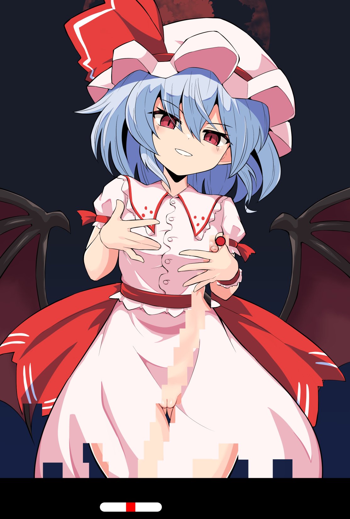 1girls ass_visible_through_thighs back_bow bat_wings blue_hair bow breakout breasts collared_shirt commentary_request cowboy_shot dot_nose grin hands_on_own_chest hat hat_ribbon head_tilt highres looking_at_viewer medium_hair mob_cap moon night nipple_slip nipples pink_hat pink_shirt pink_skirt puffy_short_sleeves puffy_sleeves pussy pussy_peek red_bow red_eyes red_moon red_ribbon remilia_scarlet ribbon ribbon-trimmed_sleeves ribbon_trim rnt_(251139) shirt short_sleeves skirt slit_pupils small_breasts smile solo standing torn_clothes touhou v-shaped_eyebrows wings