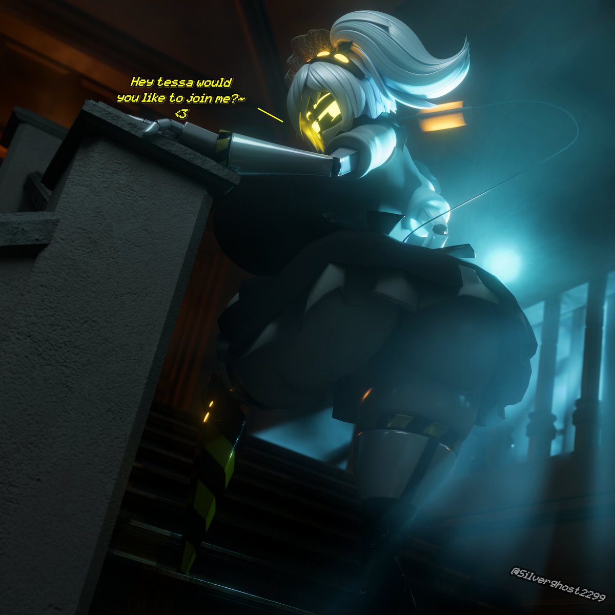 1girls, ass, big ass, big breasts, butt, female focus, female only, grey hair, j (murder drones), murder drones, pussy, robot, robot girl, silver2299, skirt, solo, solo female, solo focus, tail, yellow eyes