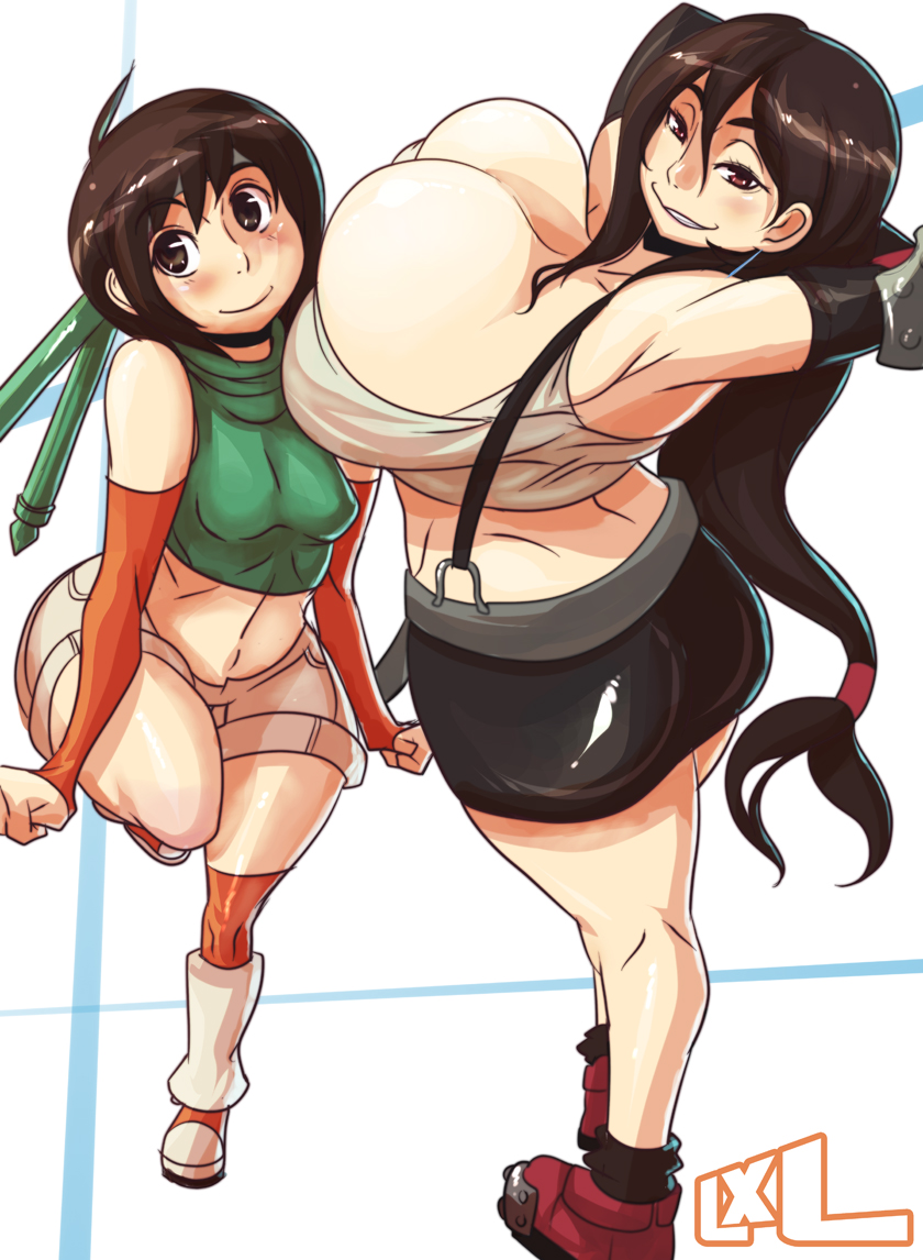 2girls ass big_breasts bouncing_breasts breasts cleavage final_fantasy final_fantasy_vii huge_breasts liquidxlead midriff shorts smile tifa_lockhart yuffie_kisaragi