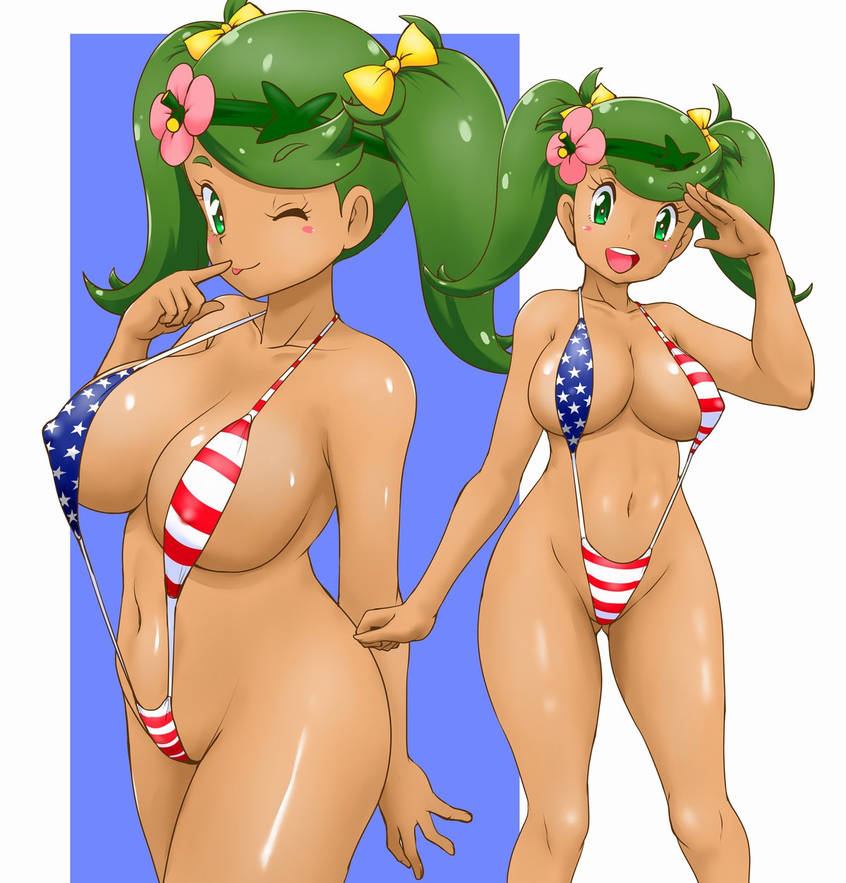 1girls, american flag bikini, big breasts, breasts, cleavage, close-up, female, female only, flower, flower in hair, game freak, green eyes, green hair, hair, hair ornament, hair ribbon, mallow (pokemon), one eye closed, pokemon, pokemon sm, revealing clothes, ribbon, skimpy, skimpy bikini, sling bikini, smile, solo, solo female, swimwear, teenage girl, thighs, tof, tongue, tongue out, twintails, wink, winking