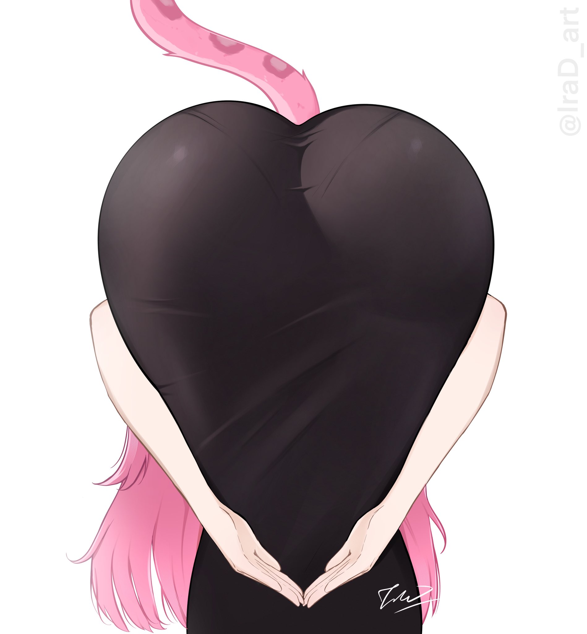 1girls, 2026, 2d, 2d (artwork), animal tail, artist name, ass, ass up, back, back view, big ass, big butt, butt, clothed, clothing, color, colored, digital media (artwork), dresa, female, female only, fully clothed, fully clothed female, hair, hi res, hololive, hololive english, hololive english -justice-, irad art, legs, light skin, light-skinned female, long hair, low-angle view, pink hair, pose, praise da booty (meme), raora panthera, simple background, solo, tail, viewed from behind, virtual youtuber, vtuber, white background