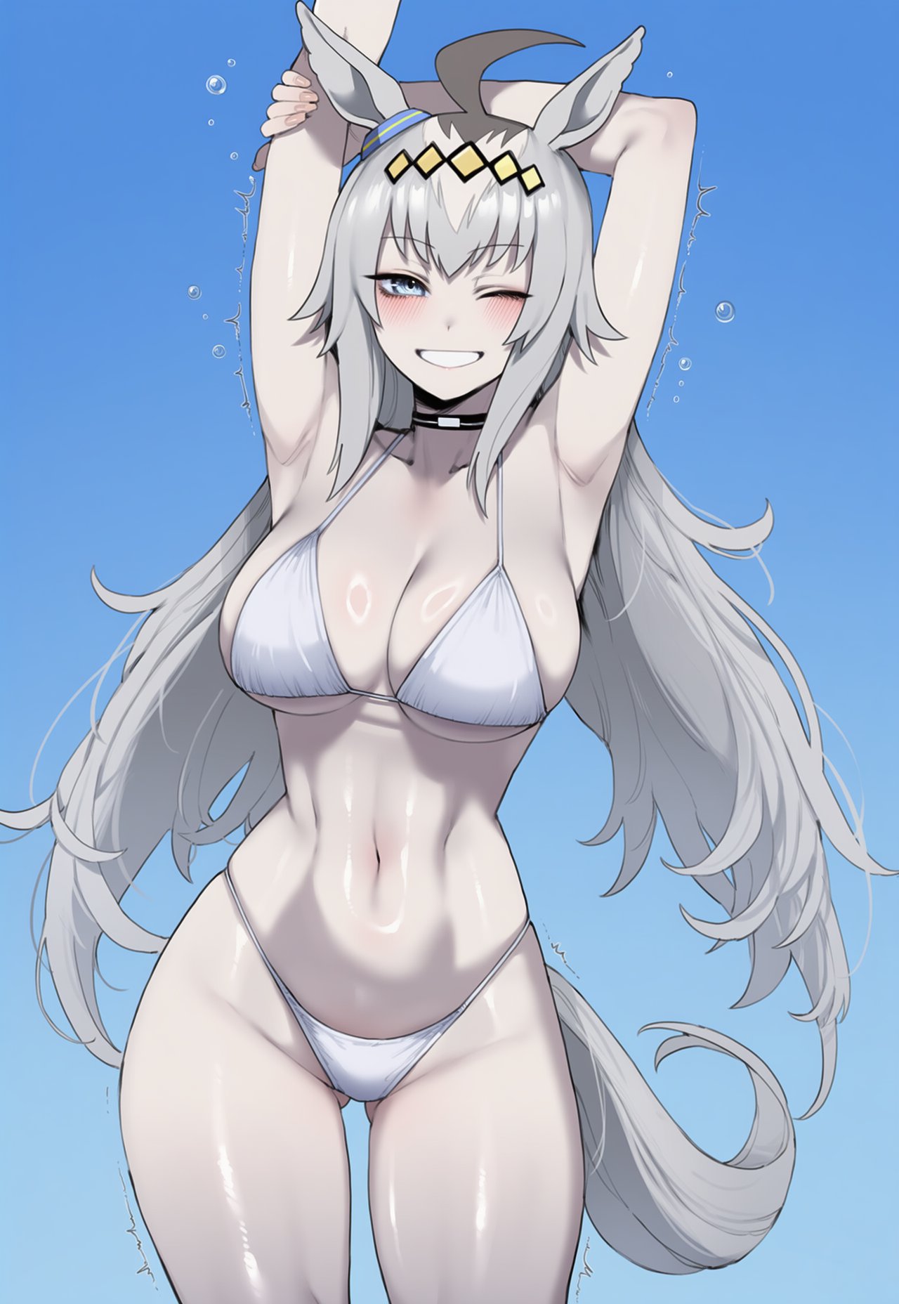 1girls, abs, ai generated, armpits, bikini, blush, female, grey hair, grin, happy, happy female, horse, horse ears, horse girl, horse tail, light skin, light-skinned female, looking at viewer, oguri cap (umamusume), one eye closed, silver hair, smile, smirk, stretching, swimsuit, thick thighs, thighs, truck kun, truck-kun art, umamusume, umamusume pretty derby