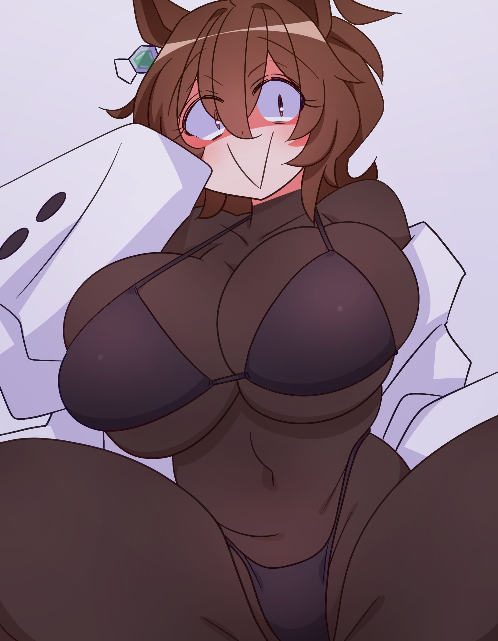 :>, 1girls, 2026, 2d, 2d (artwork), agnes tachyon (umamusume), animal ears, big breasts, black clothing, bodystocking, breasts, brown hair, clothed, clothing, color, colored, curvy, curvy female, curvy figure, digital media (artwork), female, female only, front view, fully clothed, hi res, huge breasts, kaijin debeso, legs, light skin, light-skinned female, looking at viewer, low-angle view, medium hair, simple background, smile, smile at viewer, solo, thick thighs, thighs, umamusume, umamusume pretty derby, white background