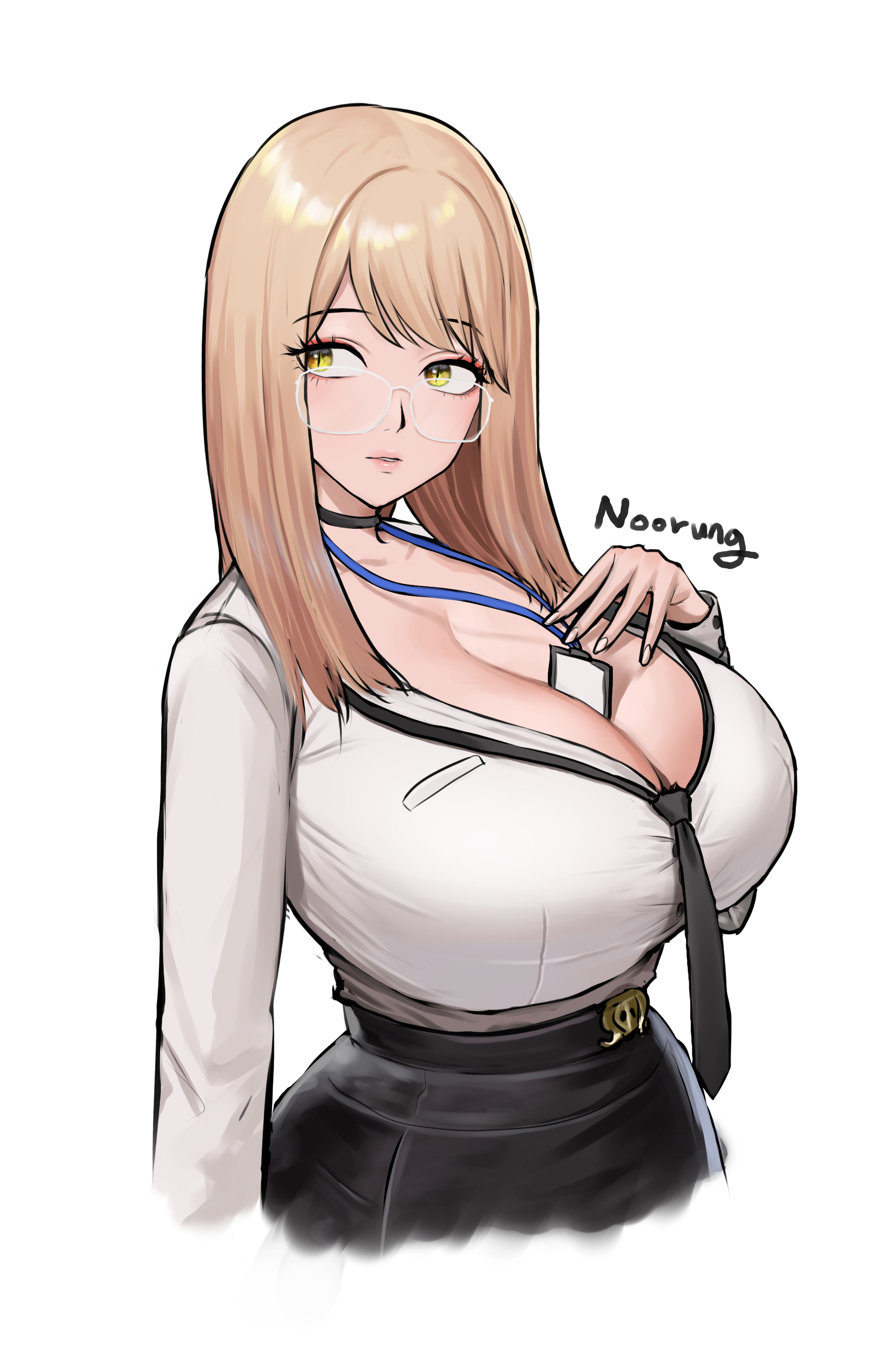 belt, big breasts, breasts bigger than head, emma (nikke), emma (office therapy) (nikke), glasses, goddess of victory: nikke, hips, light-skinned female, looking away, mostly clothed, nail polish, nails, noorung, office clothing, office lady, signature, tagme, tie, tight clothing, white background