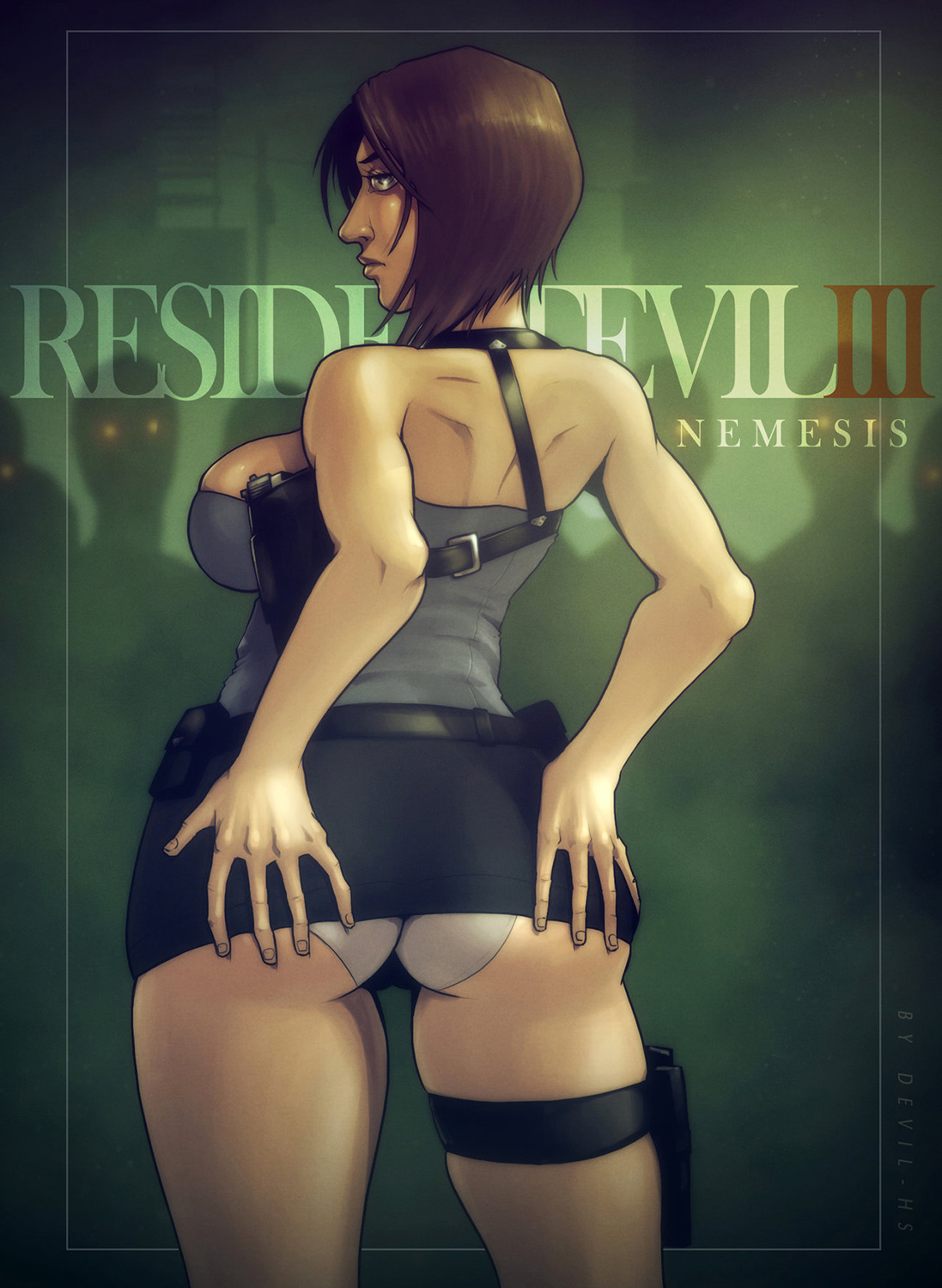 1girls, ass, ass grab, breasts, brown hair, capcom, city, devil hs, female, firearm, gun, handgun, highres, holster, human, jill valentine, jill valentine (julia voth), looking back, miniskirt, panties, pantyshot, pose, resident evil, resident evil 3, short hair, sideboob, skirt, skirt lift, standing, text, thigh strap, tubetop, weapon, white panties, zombie