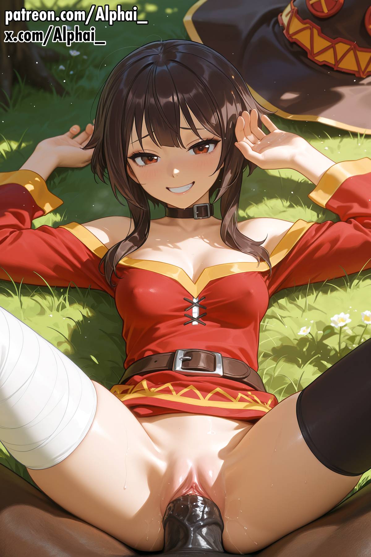 1girl, 2025, 2026, absurd res, absurdres, ai generated, alphai, big dom small sub, big penis, blushing, breasts pov, cinematic lighting, colorful background, dark-skinned male, depth of field, detailed background, detailed hair, detailed skin, dramatic shadows, female pov, high quality, high resolution, highres, horse, horse penis, horseballs, horsecock, horsecock futa, horsecock on humanoid, kono subarashii sekai ni shukufuku wo!, konosuba, megumin, missionary position, naughty face, outdoors, particles, patreon, pussy, raised eyebrows, semirealistic, skindentation, small sub big dom, spread legs, vagina, vaginal fluids, vaginal insertion, vaginal penetration, vaginal sex, volumetric lighting
