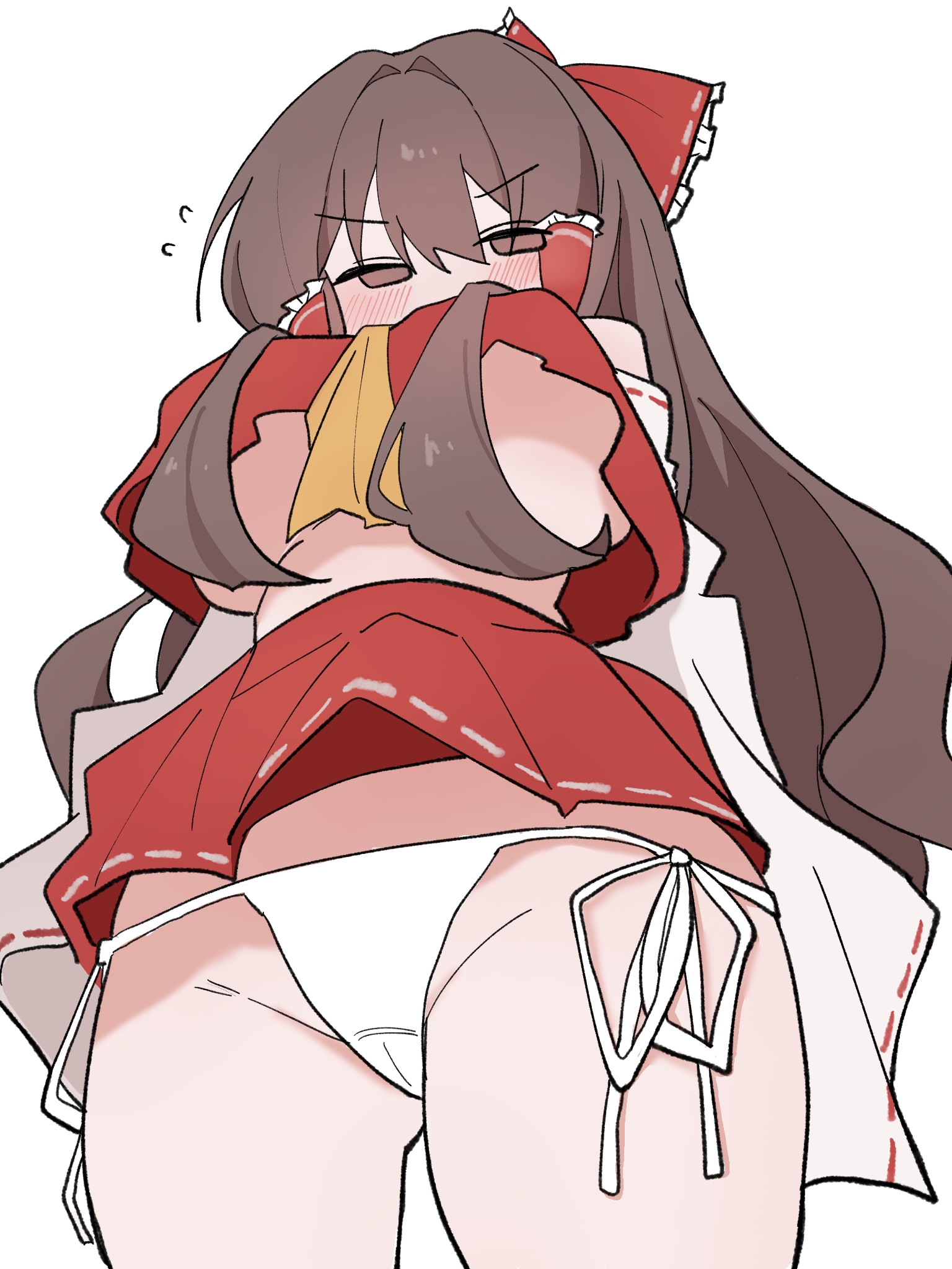 , 1girls, big breasts, blush, ccitrus0, color, female, female focus, female only, hair ornament, human, human only, light skin, looking at viewer, looking down, pixiv link, reimu hakurei, thick thighs, touhou, twitter link, underboob, white background, wide hips