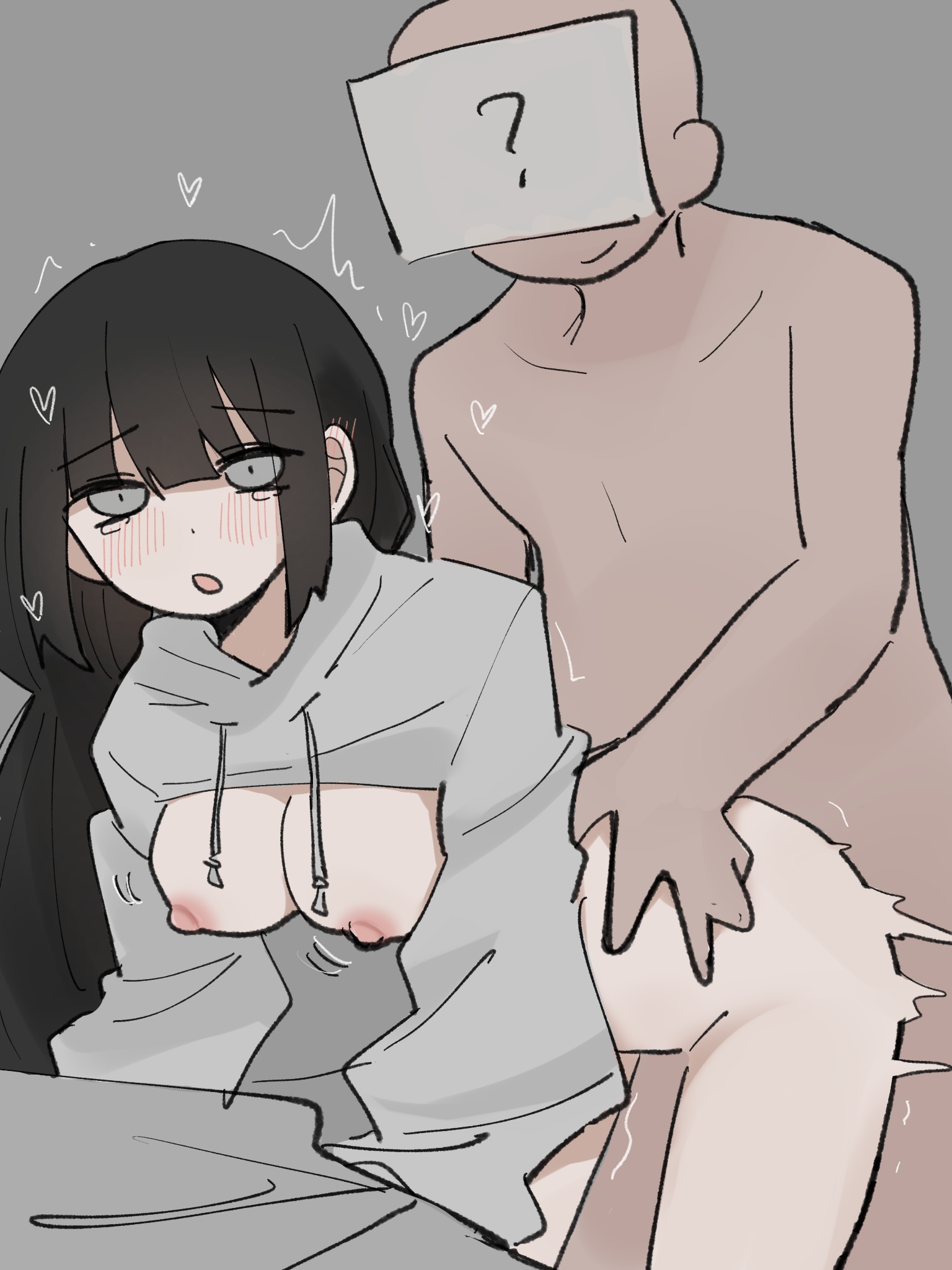 1boy, 1girls, arched back, bent over, big breasts, black hair, ccitrus0, color, dark-skinned male, doggy style, dominant male, female, female focus, femsub, from behind, from behind position, grey background, grey eyes, heart, human, human only, inabakumori, light skin, male, maledom, mv character, open mouth, osage-chan, pixiv link, submissive female, tremble spikes
