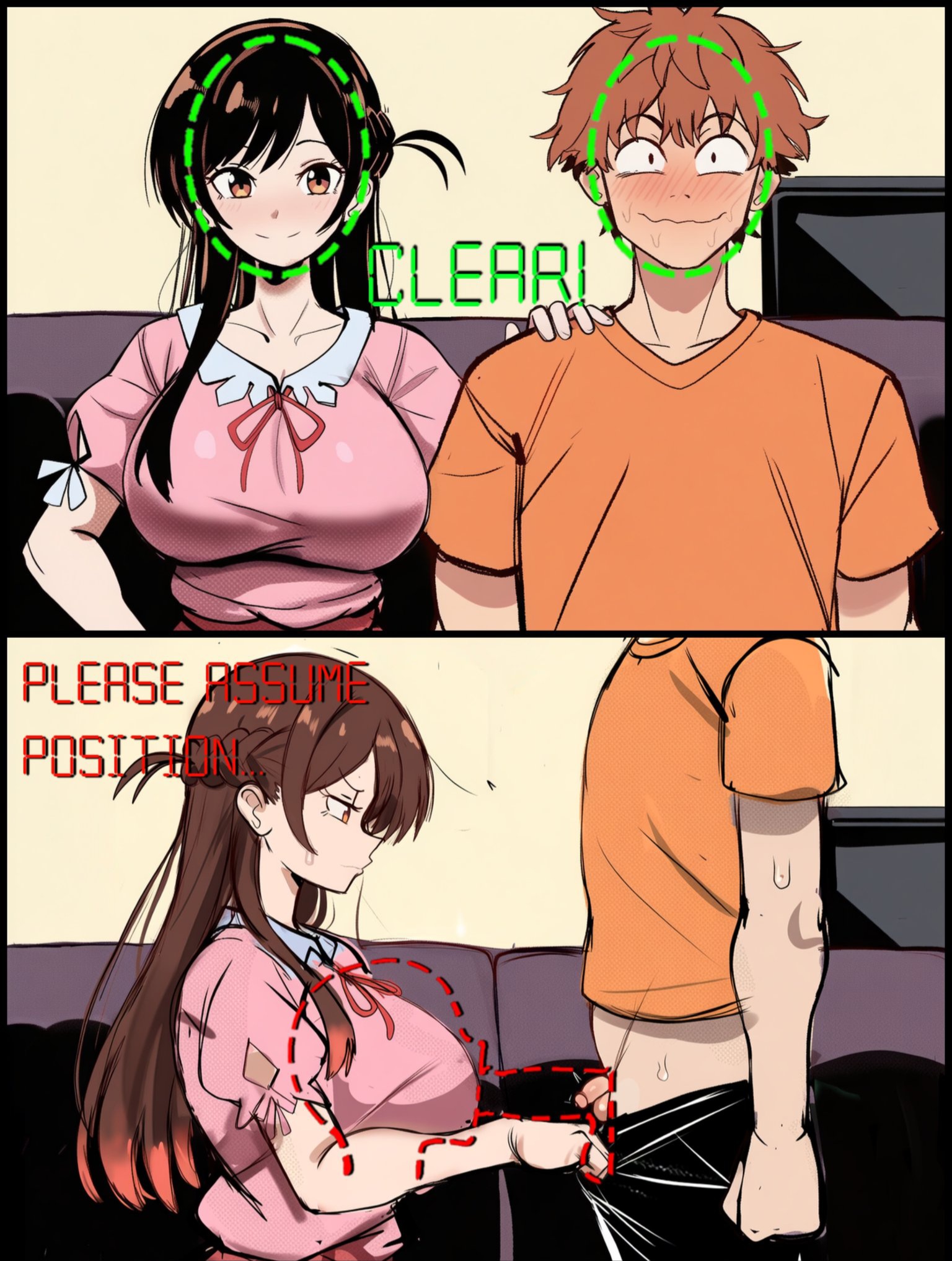 ai generated, disappointed, facial verification, huge breasts, ishimo, kanojo okarishimasu, kazuya, kinoshita kazuya, large breasts, lewd security verification, looking at penis, mizuhara chizuru, small penis, small penis humiliation