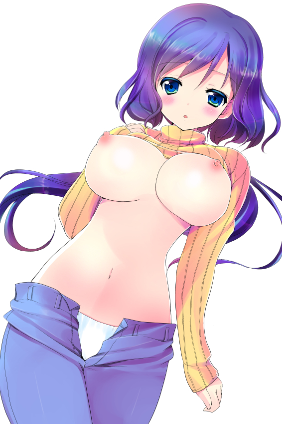 areolae blue_eyes blue_hair breasts female gundam gundam_build_fighters iori_rinko jeans large_breasts long_hair milf mogemogewo navel nipples no_bra panties pants shirt_lift simple_background solo sweater turtleneck underwear white_background white_panties