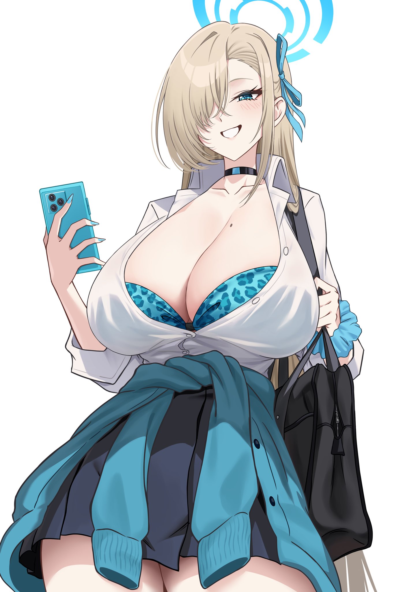 2d, 2d (artwork), asuna (blue archive), blonde, blonde female, blonde hair, blonde-haired female, blue archive, blue eyes, blue eyes female, clothed, clothed female, collar, female, female focus, female only, hair over one eye, light-skinned female, looking at viewer, looking down, looking down at viewer, phone, smartphone, smile, smiling, smiling at viewer, solo, solo female, solo focus, suigetu26, thick thighs, thighs, video game character