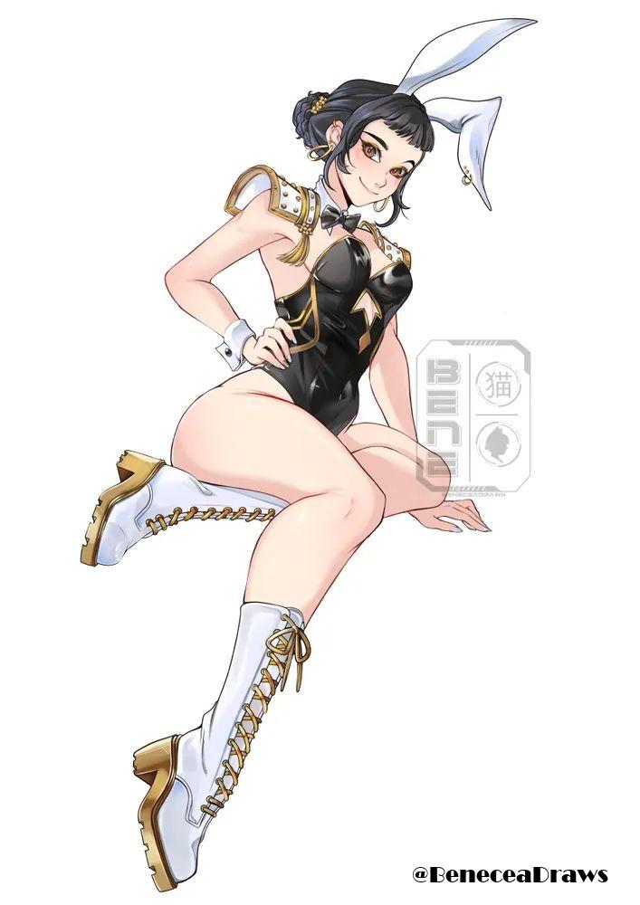 1girls, 2d, 2d (artwork), 2d artwork, arm support, armpits, beneceadraws, black bowtie, black bunnysuit, black hair, black leotard, black topwear, black-haired female, blunt bangs, boots, bowtie, breasts, brown eyes, brown-eyed female, bunny ears, bunnygirl, bunnygirl outfit, bunnysuit, calves, closed mouth smile, collar, collarbone, digital, digital art, digital drawing, digital drawing (artwork), digital media, digital media (artwork), drawing, ear piercing, ear piercings, earrings, elbows, female, female focus, female only, fingernails, fingers, full body, hair ornament, hair ornaments, head tilt, hourglass figure, inguinal crease, inguinal ligament, knees, kpop demon hunters, lean figure, legs, leotard, looking at viewer, medium breasts, more at source, narrow waist, pierced ear, pierced ears, posing, posing for the viewer, short hair, shoulders, sidelocks, simple background, sitting, slender body, slender waist, slim female, slim waist, smile, smiley face, smiling, smiling at viewer, solo, thick thighs, thighs, tilted head, topwear, white background, white boots, white bunny ears, white collar, white hairband, white wrist cuffs, wide hips, wrist cuffs, zoey (kpop demon hunters)