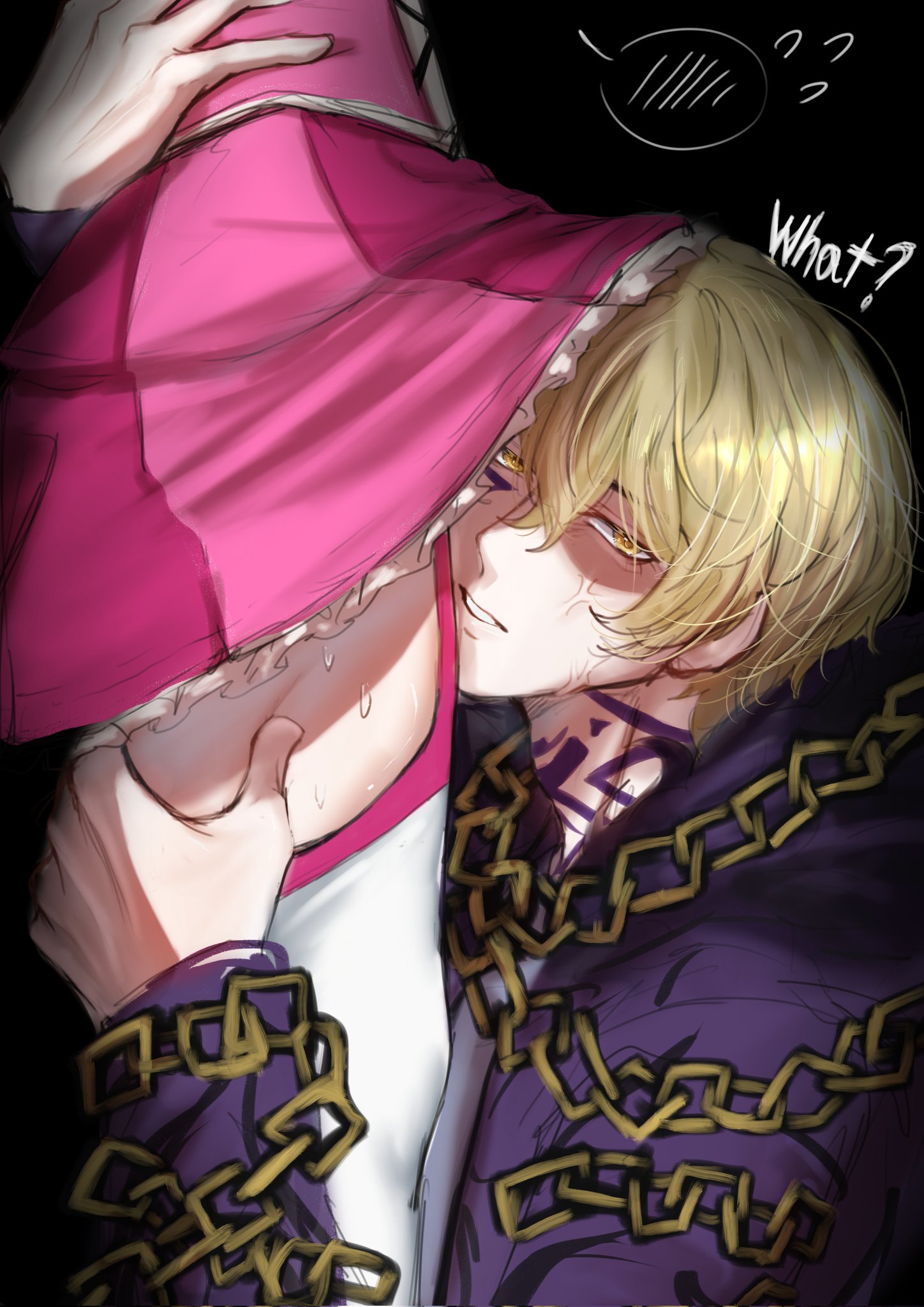 1boy, 1girl, angry, between legs, blonde hair, chain, don quixote (limbus company), e.g.o (project moon), english text, face to thighs, facial tattoo, feet out of frame, frilled skirt, frills, from side, garter straps, grabbing another's thighs, hair between eyes, hand on another's back, hand on another's thigh, head out of frame, head under skirt, hetero, in the name of love and hate (e.g.o), jacket, limbus company, long sleeves, looking at viewer, looking to the side, lower body, male focus, miniskirt, neck tattoo, nervous sweating, pink garter straps, pink skirt, project moon, purple jacket, sawatdetukkon, sexually suggestive, short hair, simple background, sinclair (limbus company), skirt, solo focus, spoken blush, standing, sweat, tattoo, the middle (identity) (project moon), thigh worship, thighhighs, under skirt, upper body, upskirt, veins, veiny face, white thighhighs, yellow eyes