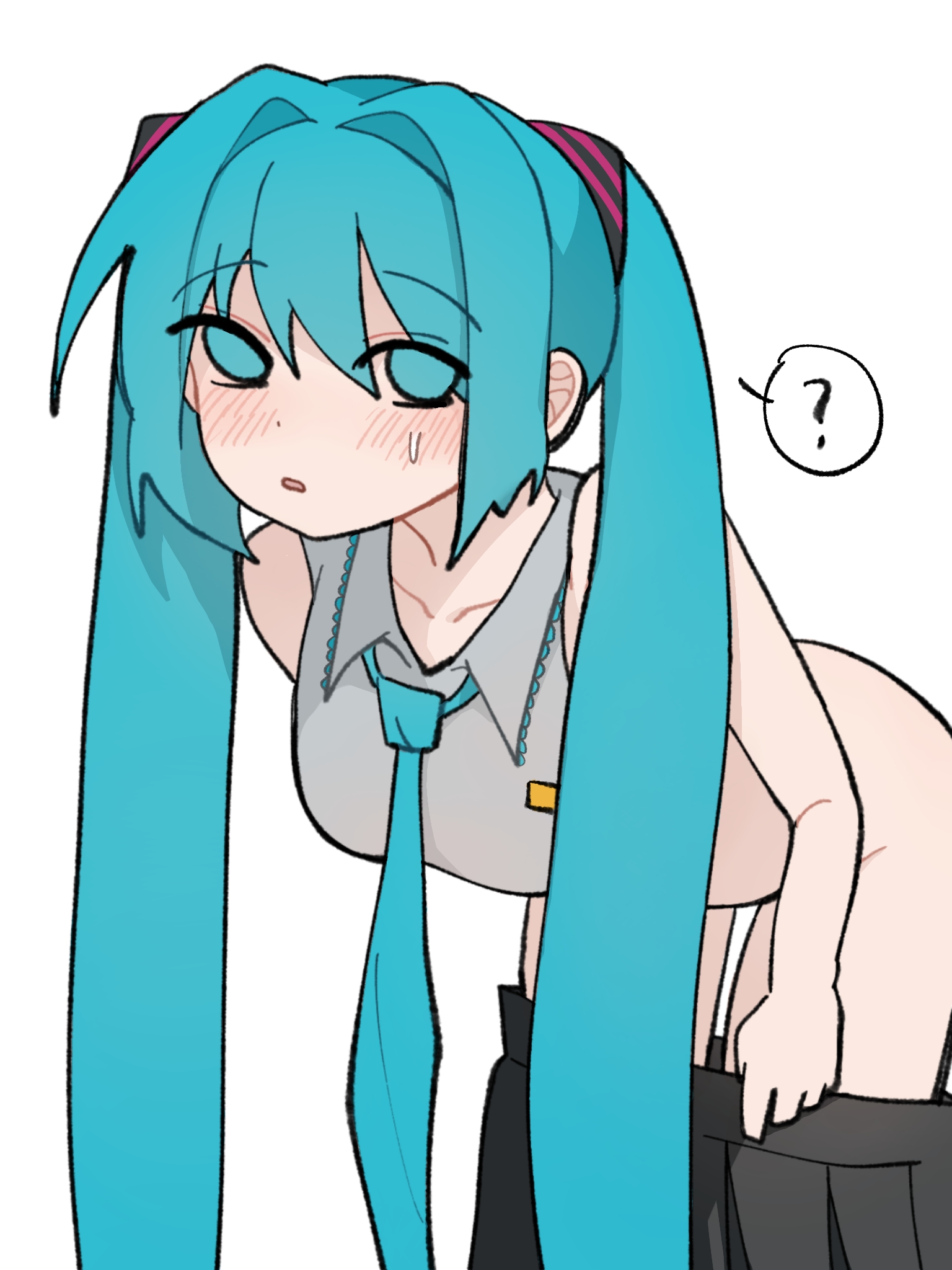?, 1girl, 1girls, aqua eyes, aqua hair, bent over, big ass, black skirt, blush, bottomless, breasts, ccitrus0, clothes pull, color, dressing, female, female focus, female only, grey shirt, hatsune miku, leaning forward, light skin, long hair, looking at viewer, necktie, no panties, open mouth, pixiv link, pleated skirt, shirt, simple background, skirt, skirt pull, sleeveless, sleeveless shirt, solo, spoken question mark, sweatdrop, thick thighs, twintails, twitter link, undressing, very long hair, vocaloid, white background