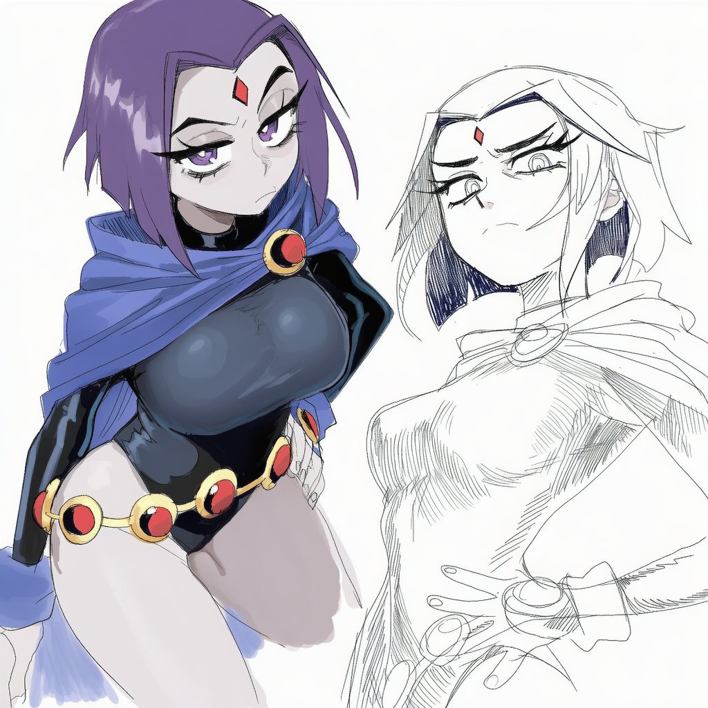 1girls, ai assisted, ai generated, belt, big breasts, blush, breasts, cape, capelet, cloak, closed mouth, dc, dc comics, female, female only, forehead jewel, frown, gem, hand on hip, hood, lapis slopzuli, large breasts, leotard, looking at viewer, multiple views, purple hair, raven (dc), short hair, thick thighs, thighs