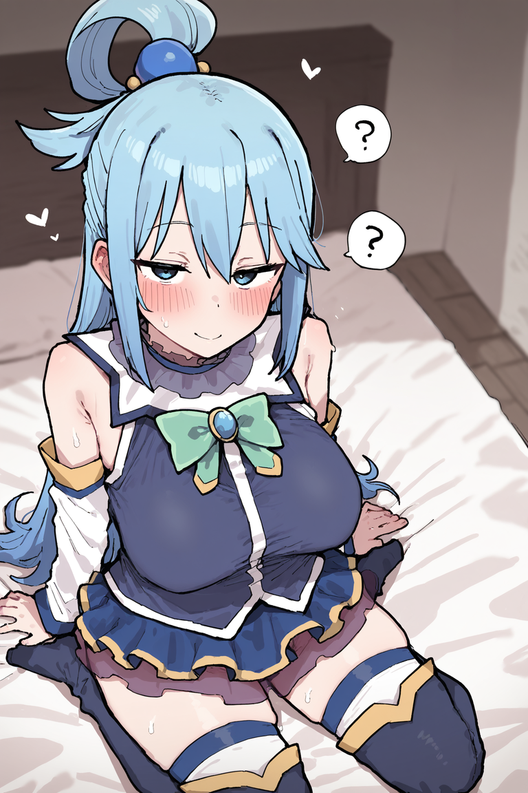 1girls :o ? ai_generated aqua_(konosuba) aqua_hair bed bedroom blue_hair blush closed_eyes clothed clothed_female clothing female female_focus female_only heart hypnosis kono_subarashii_sekai_ni_shukufuku_wo! long_hair looking_at_viewer mind_control on_bed open_mouth sitting smile sole_female solo solo_female solo_focus speech_bubble sweat