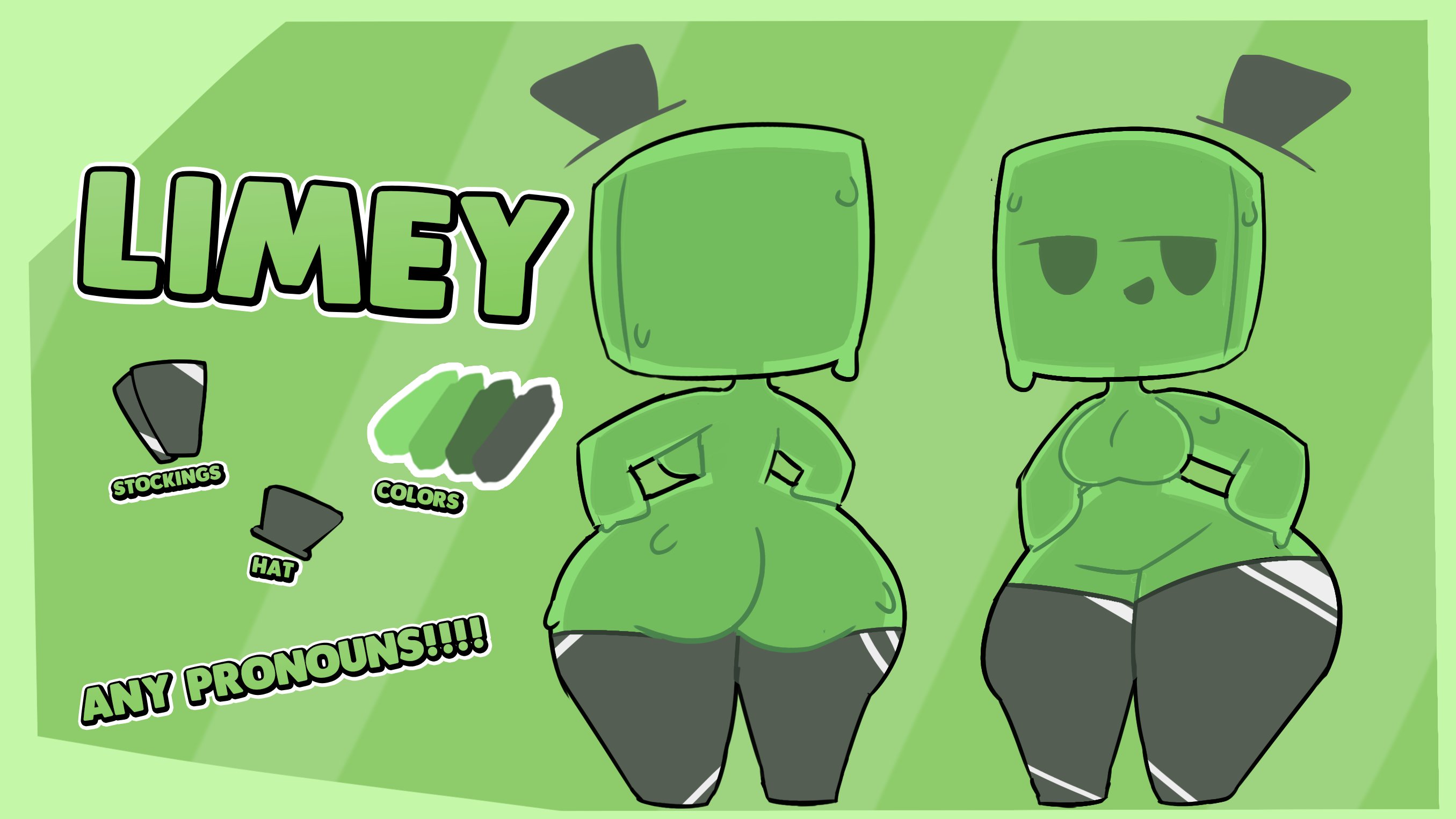 ass, color, colored, english, english text, female, green background, green body, green theme, hat, limey (zezodraws), minecraft, no nipples, no pussy, reference sheet, slime, slime (minecraft), slime girl, stockings, tagme, text, thick thighs, top hat, tophat, zezodraws