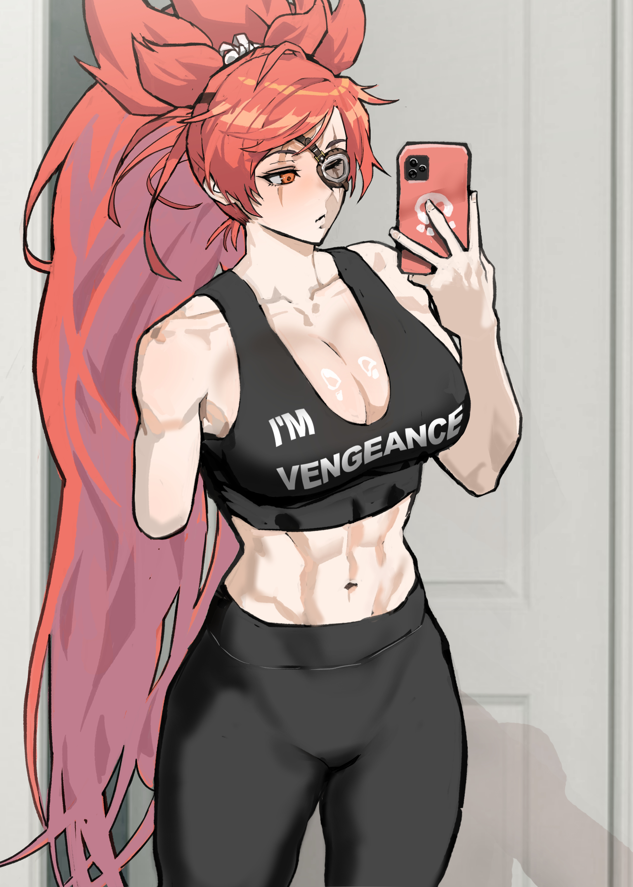 1girls, abs, absurd res, baiken, breasts, cleavage, female, guilty gear, hi res, huge breasts, long hair, matching hair/eyes, navel, ongjolpark, phone, pink eyes, pink hair, ponytail, selfie, very long hair, workout clothes