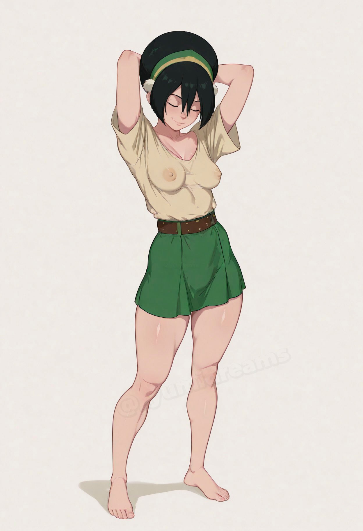  yumidreams, ai generated, arms behind head, arms up, artist name, avatar the last airbender, barefoot, belt, black hair, breasts, brown belt, closed eyes, closed mouth, collarbone, covered nipples, female, full body, green hairband, green skirt, hair between eyes, hairband, medium breasts, nickelodeon movies, nipples, no bra, see-through, shirt, short hair, short sleeves, simple background, skirt, smile, solo, standing, thick thighs, thighs, toph bei fong, white background