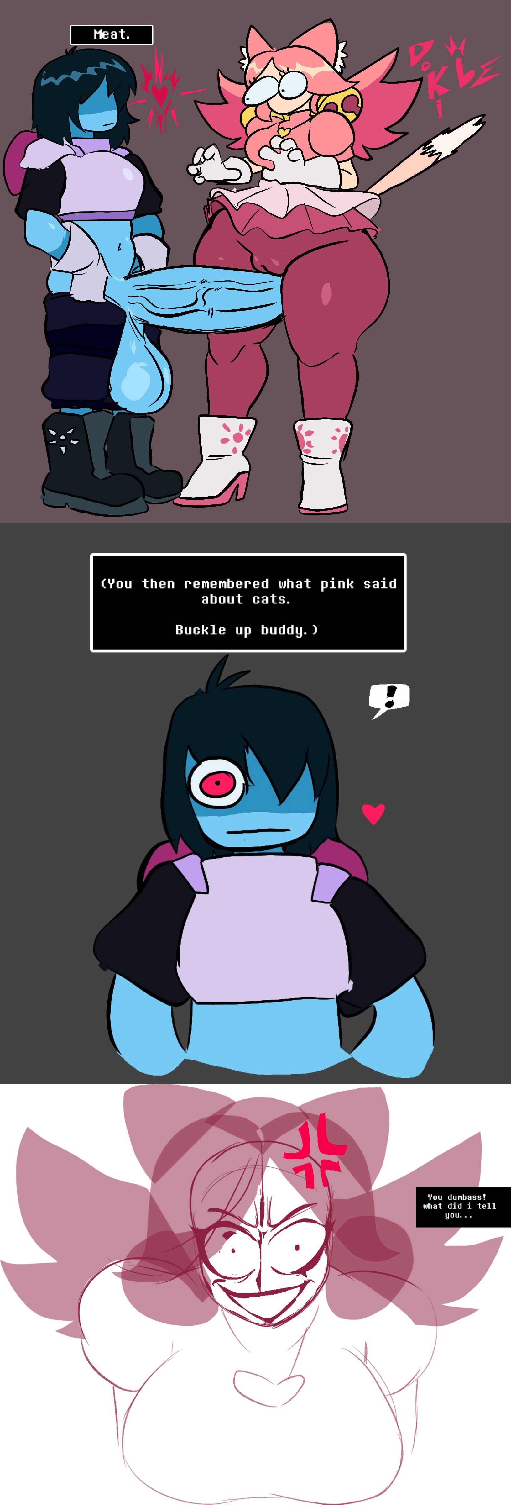 !, 1girls, 1nonbinary, anger symbol, big penis, blue skin, cameltoe, cat ears, cat girl, cat tail, catgirl, cock shock, color, deltarune, deltarune chapter 5, dialogue, english text, exclamation point, expressionless, eye covering bang, eyes bugging out, female, frustrated, grey background, heart, huge cock, kris (deltarune), lemonadepikachu, light skin, looking at penis, looking at viewer, mad mew mew, massive penis, meat, meaty dick, mew mew (undertale), open eyes, penis, penis between thighs, pink (deltarune), protein, pulling down pants, pussy, realization, red eyes, revealing penis, serious look, shocked, shocked expression, simple background, smile, soul (deltarune), source, sudden realization, surprised, surprised expression, sweat, tagme, testicles, text, twitter link, vagina visible through clothing, veiny penis, white background, wide eyed, wide hips