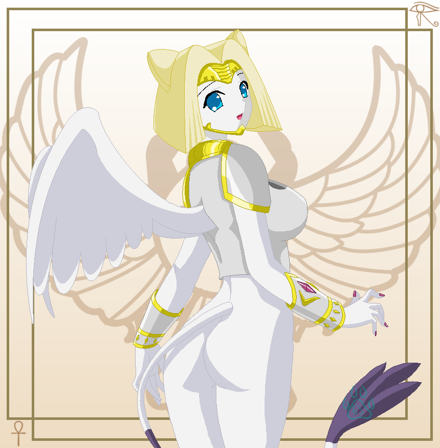 1girls armor ass blonde_hair blue_eyes bracelet breasts digimon digimon_(species) digimon_adventure_02 egyptian_mythology emeraldsora female female_only furry hair jewelry looking_at_viewer looking_back nefertimon no_humans pawprint solo sphinx white_body white_feathers wings