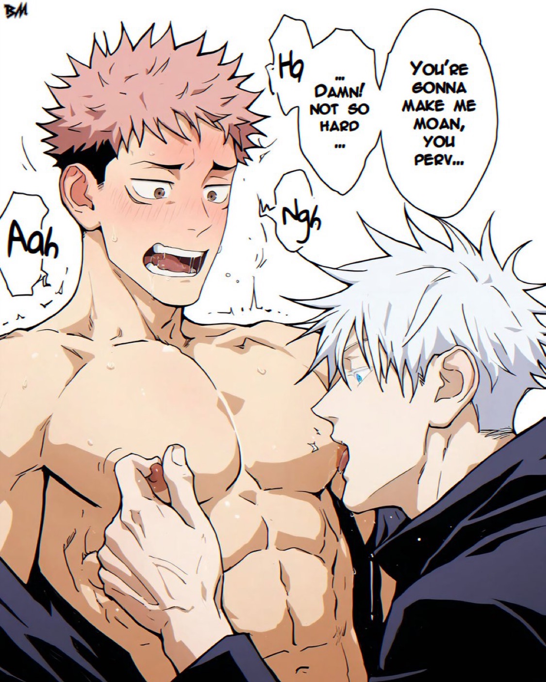 2boys, age difference, ai generated, big ass looover, blue eyes, blush, blush lines, brown eyes, clothed male, dialogue, gay, half-dressed, itadori yuuji, jujutsu kaisen, licking nipple, male, male only, male/male, moaning, muscular, muscular male, open mouth, pec sucking, pecs, pinching nipple, pink hair, satoru gojo, short hair, simple background, speech bubbles, spiky hair, student, teacher, teacher and student, teacher/student, text, tremble spikes, trembling, veiny, white background, white eyelashes, white hair, yaoi