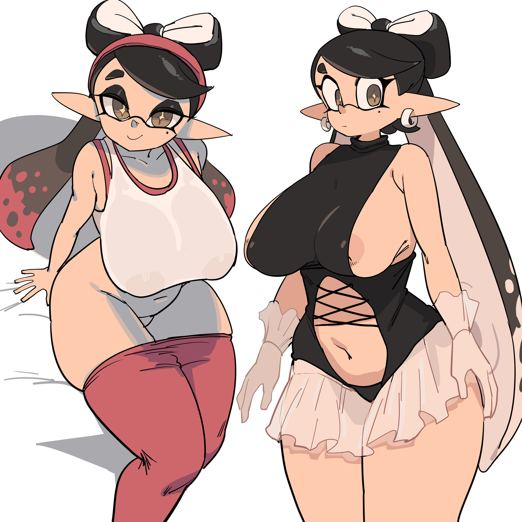 1girls, alternate costume, areolae, big breasts, breasts, callie (splatoon), earrings, female, gloves, huge breasts, inkling, inkling girl, large breasts, long hair, looking at viewer, mole, mole under eye, navel, nintendo, pants, pants pull, pointy ears, sitting, skirt, solo, splatoon, splatoon (series), tentacle hair, two-tone hair, white gloves, yuta agc