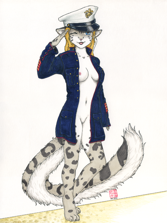 2010 anthro ayukawataur breasts digitigrade feline female fur furry leopard looking_at_viewer marines military nude one_eye_closed plain_background salute snow_leopard solo uniform usmc white_background wink