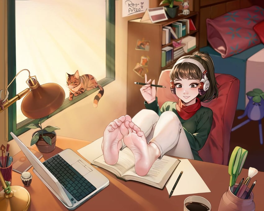 brown hair, clothed, feet, female, headphones, lofi girl, not porn, safe, soles, toes
