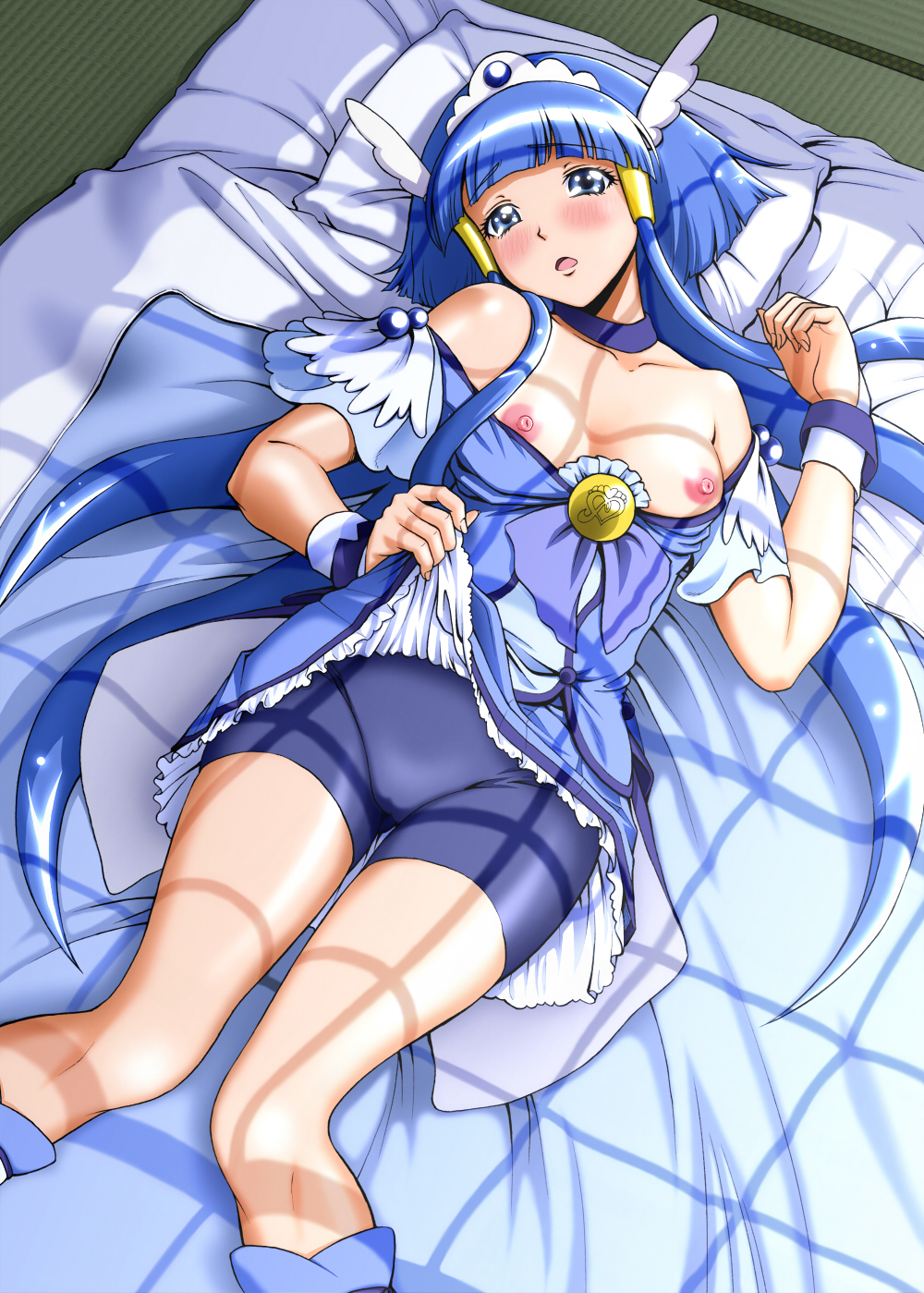 aoki_reika bed bed_sheet bike_shorts blue_dress blue_eyes blue_hair blush boots breasts clothing cure_beauty dress eyelashes female hair_ornament hair_tubes highres kijinaka_mahiro knee_boots kneehighs long_hair looking_at_viewer lying magical_girl nipples open_mouth precure pretty_cure shorts shorts_under_skirt small_breasts smile_precure solo undressing wrist_cuffs