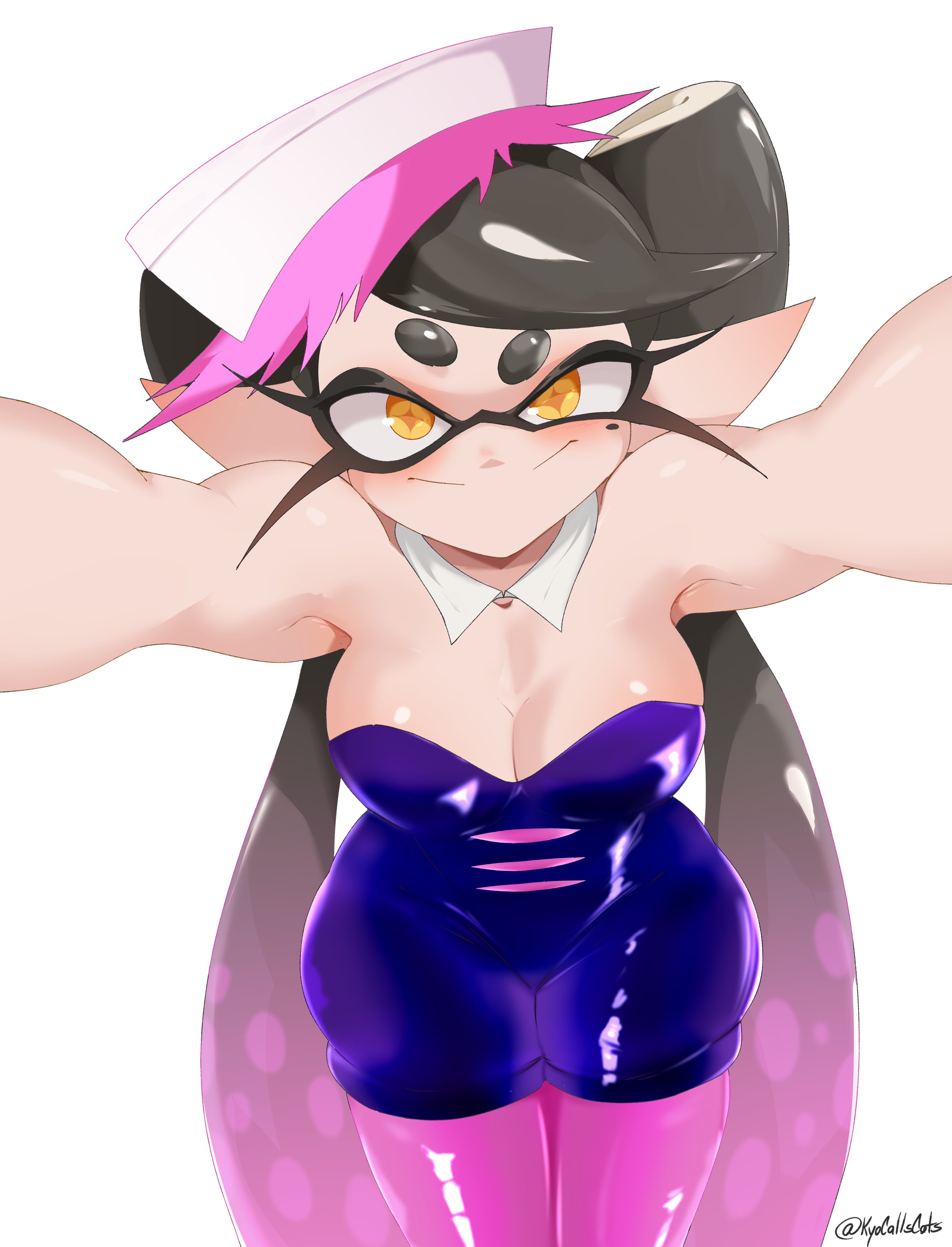1girls, 2d (artwork), breasts, callie (splatoon), cleavage, detached collar, digital drawing (artwork), digital media (artwork), female, female focus, female only, hair ornament, inkling, kyocallscats, large breasts, long hair, milkytwinkers, mole, mole under eye, nintendo, pointy ears, pov, pov eye contact, simple background, smile, smiling, smiling at viewer, solo, splatoon, splatoon (series), squid sisters, staring, tentacle hair, twitter link, twitter username, two-tone hair, watermark, white background, yellow eyes