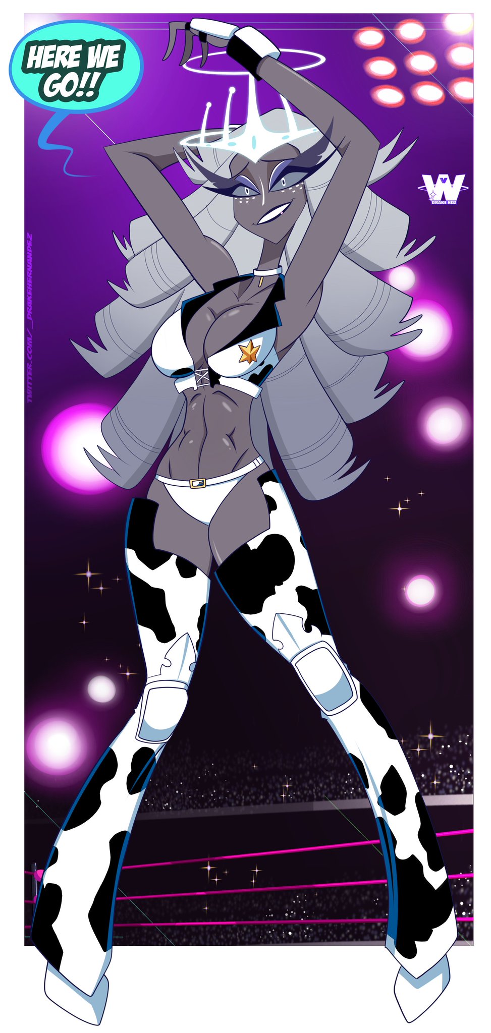 1girls, angel, bovine, breasts, collar, cow girl, english commentary, english text, female, great dude, hazbin hotel, long hair, milf, navel, sera (hazbin hotel), smile, teeth, white eyes, wrestling, wrestling outfit, wrestling ring