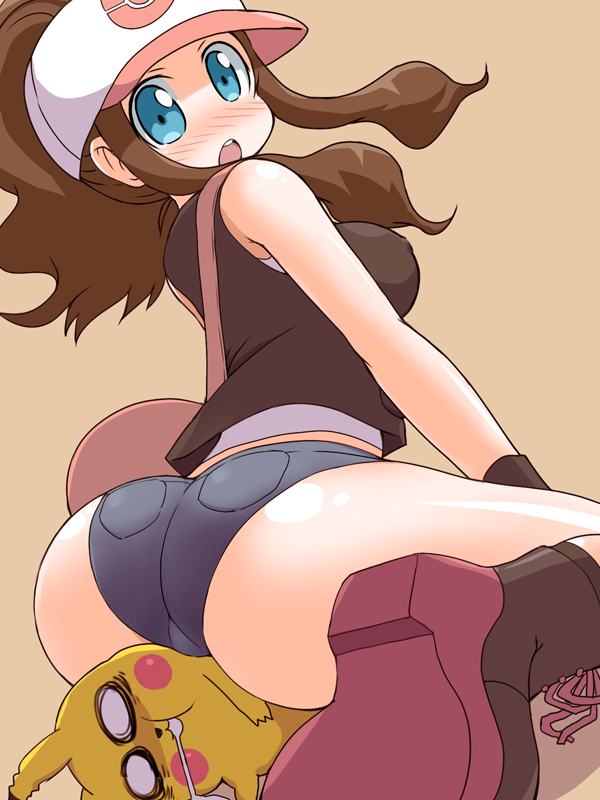 artist request, ass, ass hanging out of shorts, big ass, blue eyes, blush, boots, breasts, brown hair, drooling, embarrassed, facesitting, female, hilda (pokemon), human, kneeling, laced boots, looking at viewer, looking back, nintendo, pikachu, pokemon, saliva, sex, sitting, thick thighs, tight clothing, wide hips