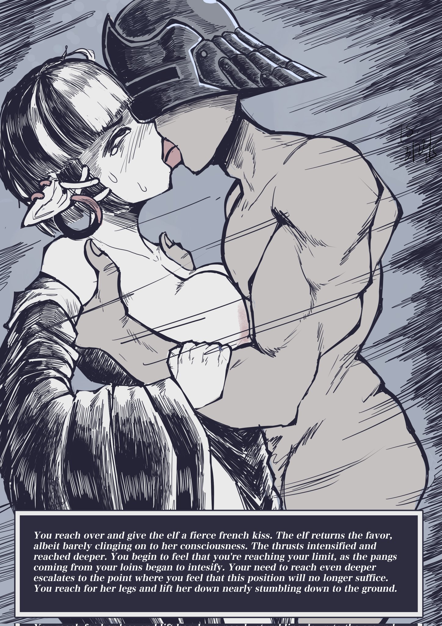 1boy, 1girls, big breasts, breasts, breeding, ear piercing, elf, elf girl, english text, faceless male, female, freckles, french kiss, fucked senseless, fucked silly, gekikara (tomboy-sama), greyscale, grimhild (tomboy sama), helmet, helmet only, kissing, kissing while penetrated, large breasts, male, monochrome, multicolored hair, nail polish, naked male, original, page 12, pussy, standing, standing sex, sweat, tomboy sama, topless, vaginal penetration